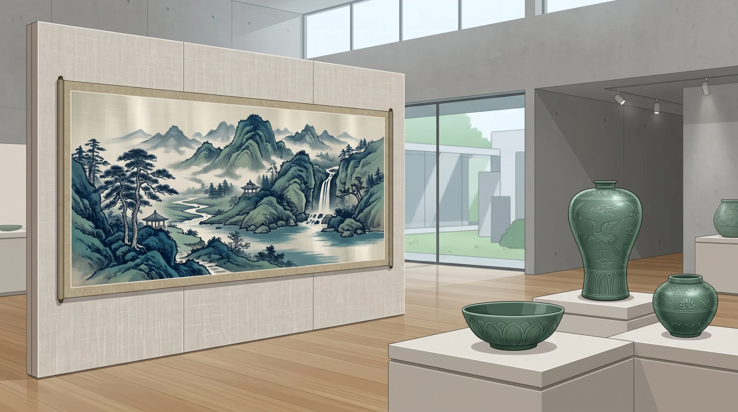 A conceptual illustration of n ceramic art and a landscape painting in a museum gallery.
