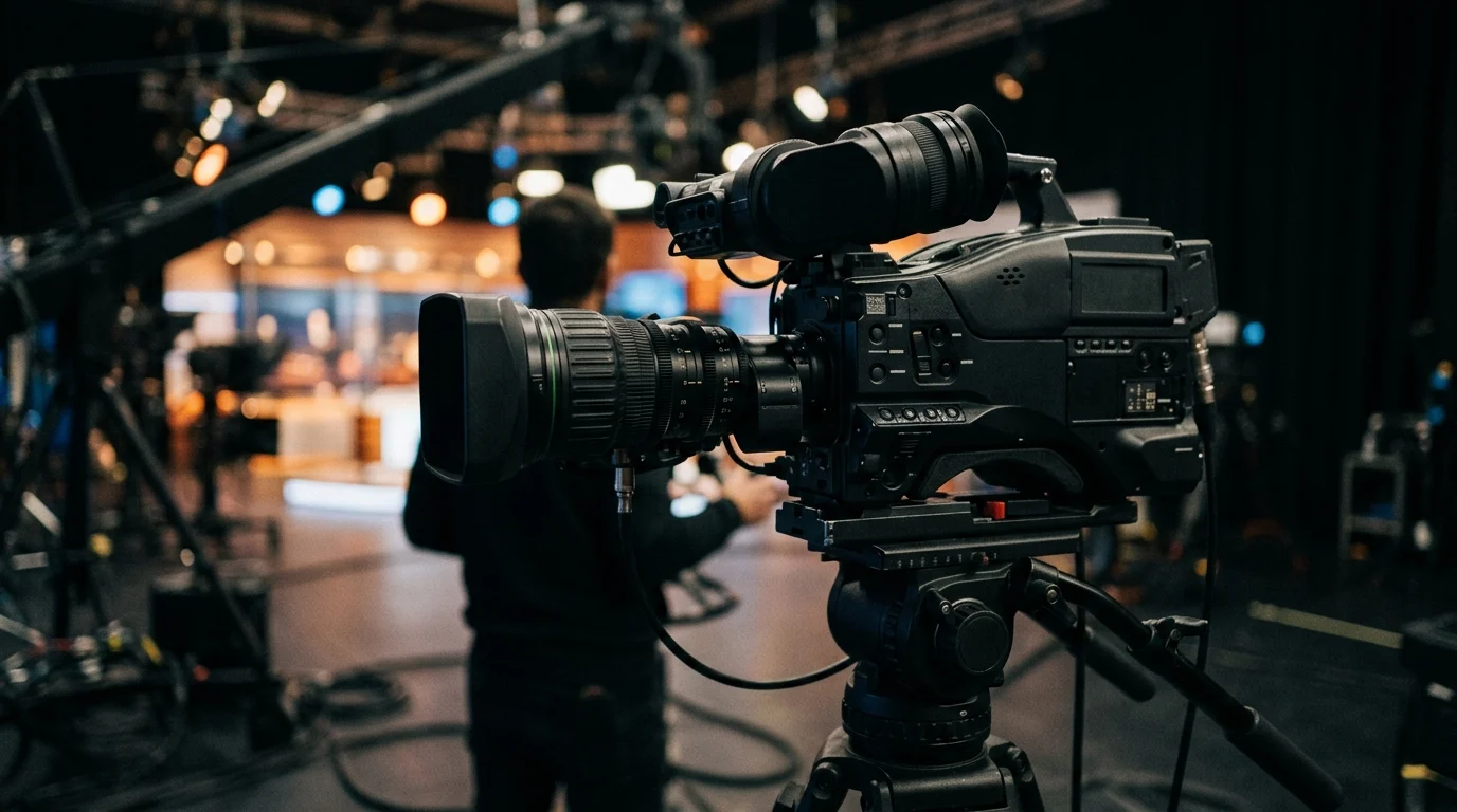 A professional television camera in a studio setting.