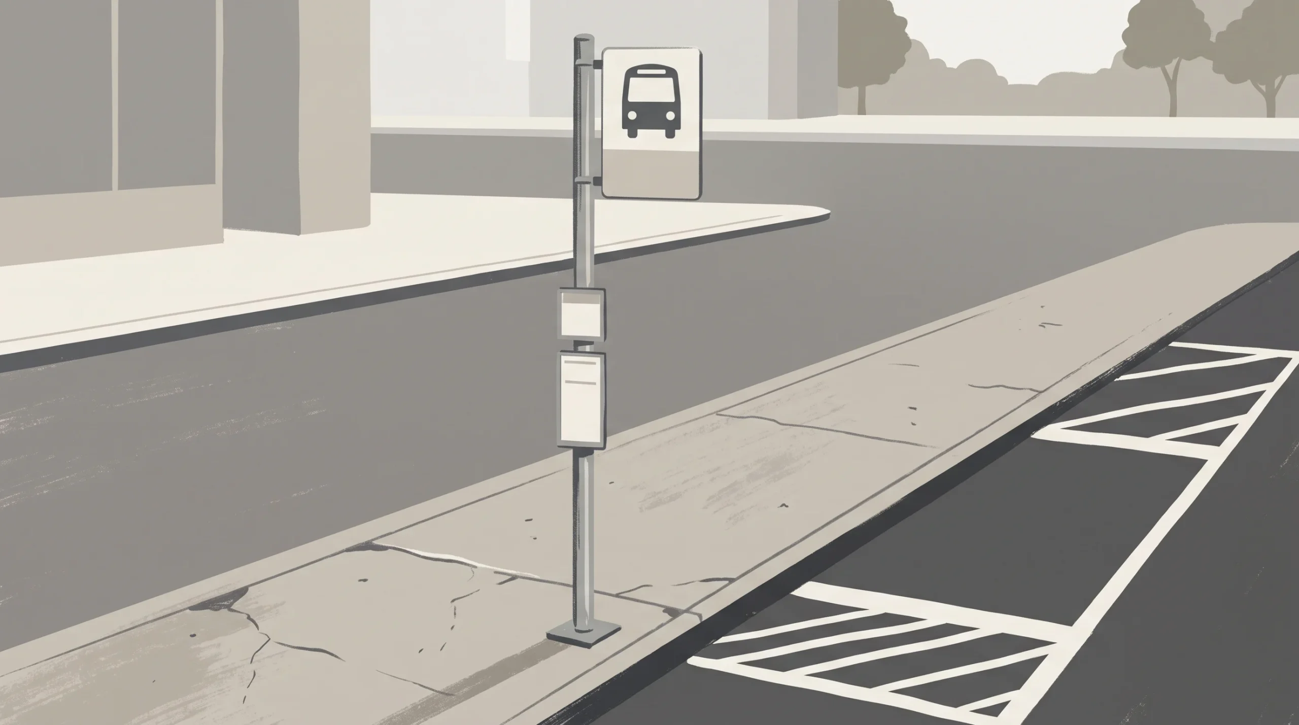 A bus stop sign post and parking bay markings on a street.