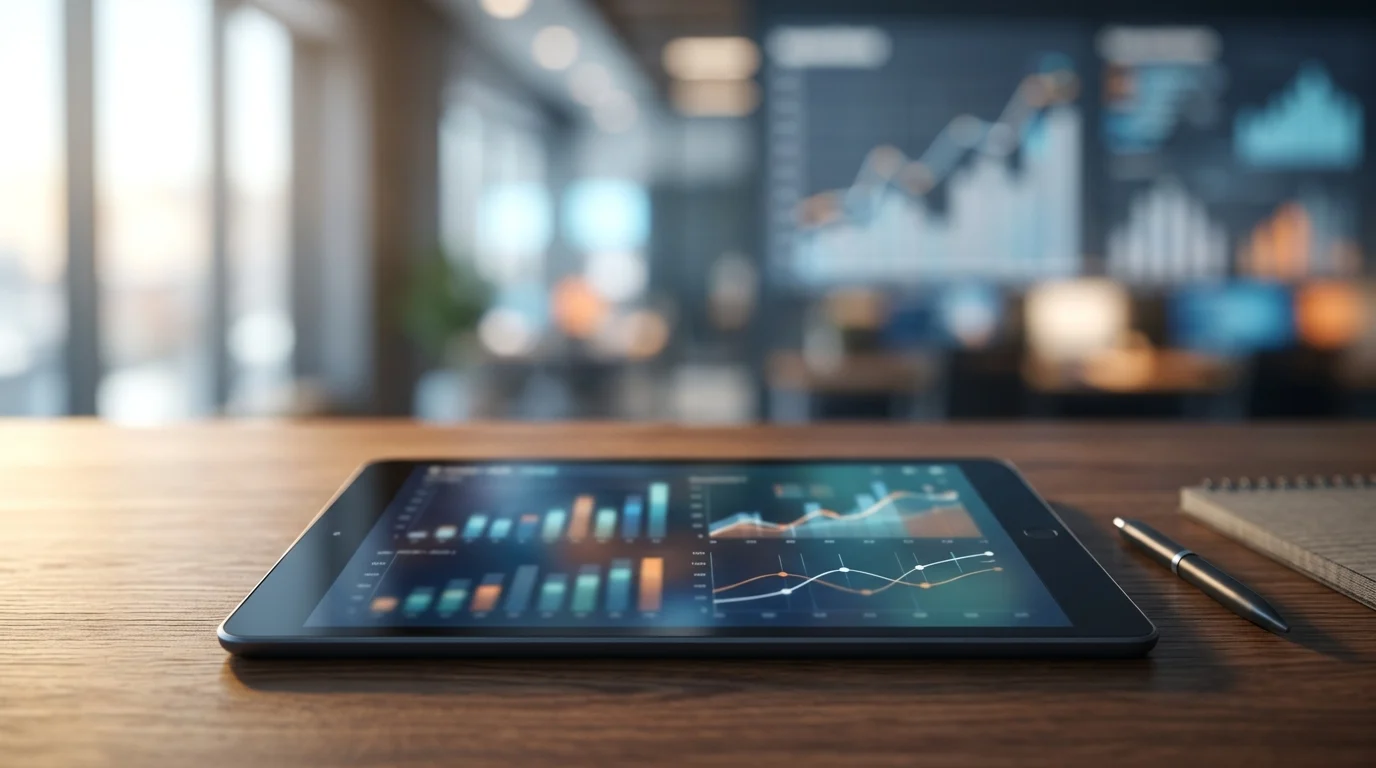 Abstract financial data and digital tablet on a desk.