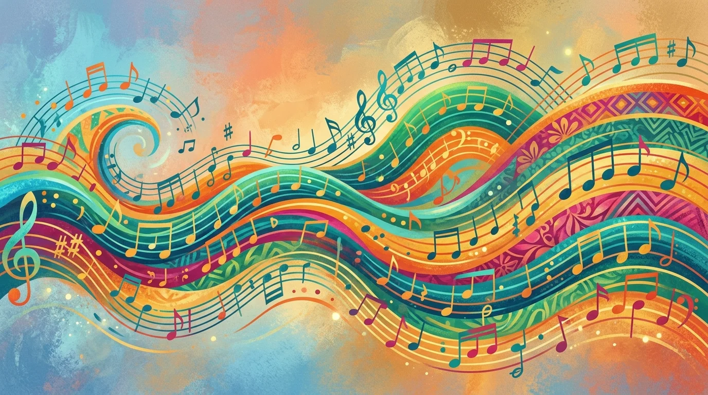 Abstract colourful patterns representing musical rhythm.