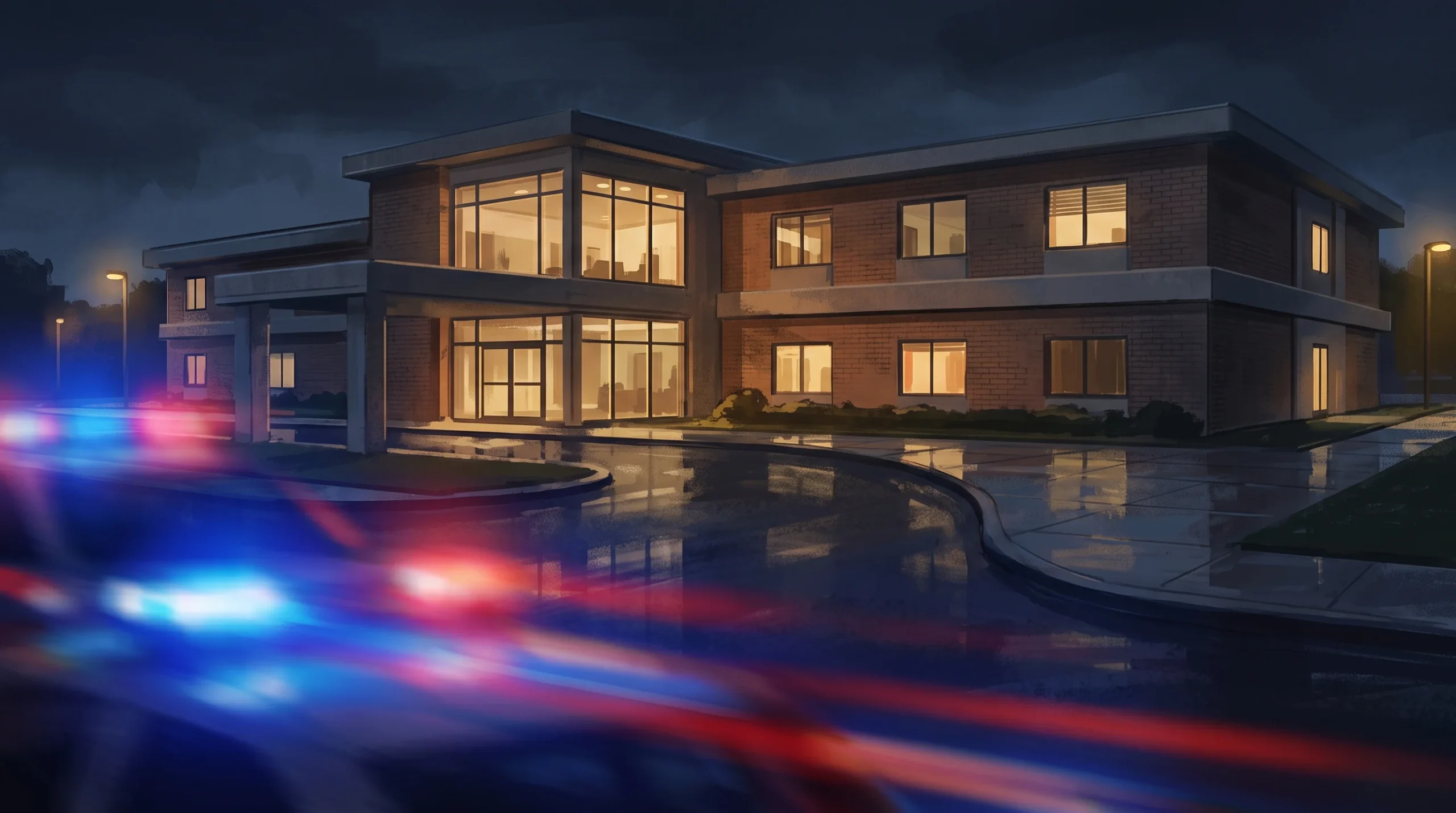 A conceptual view of a care facility at night with emergency light reflections.