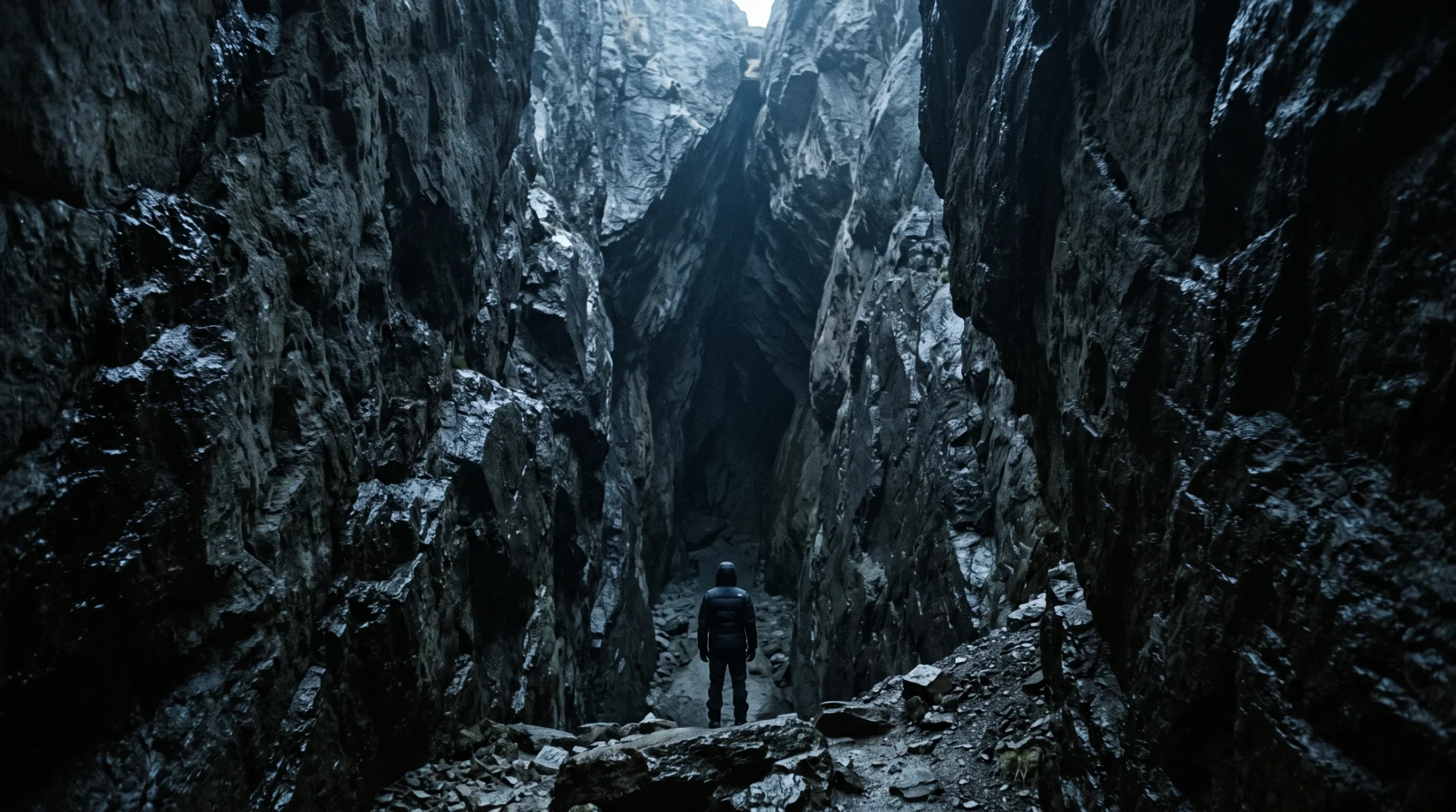 A narrow dark cave opening with atmospheric lighting.