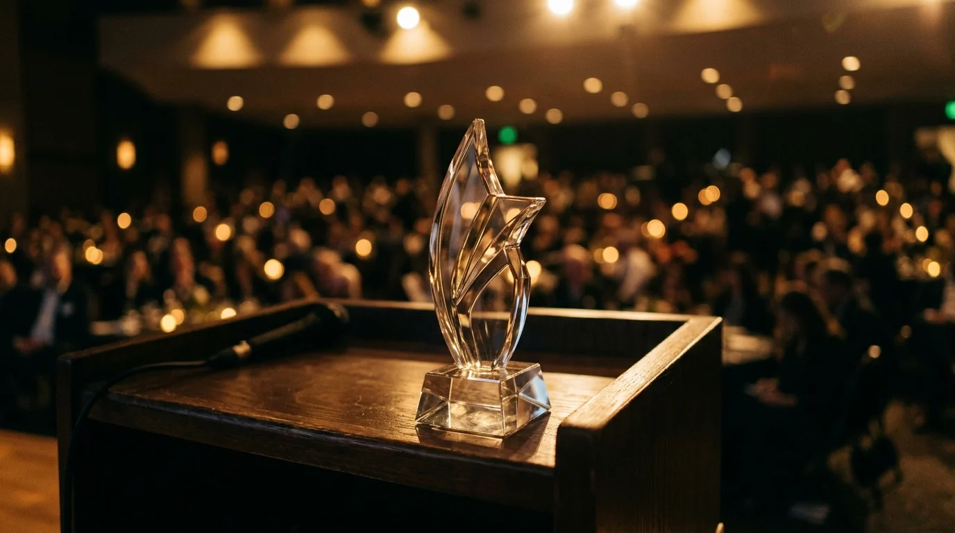 A conceptual award trophy on a stage.