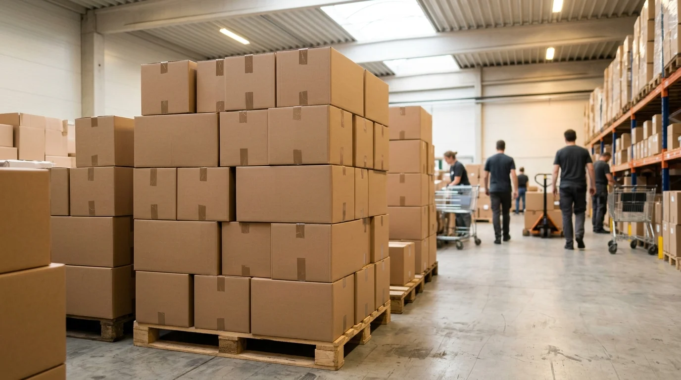 Stacked storage boxes in a clean warehouse environment.