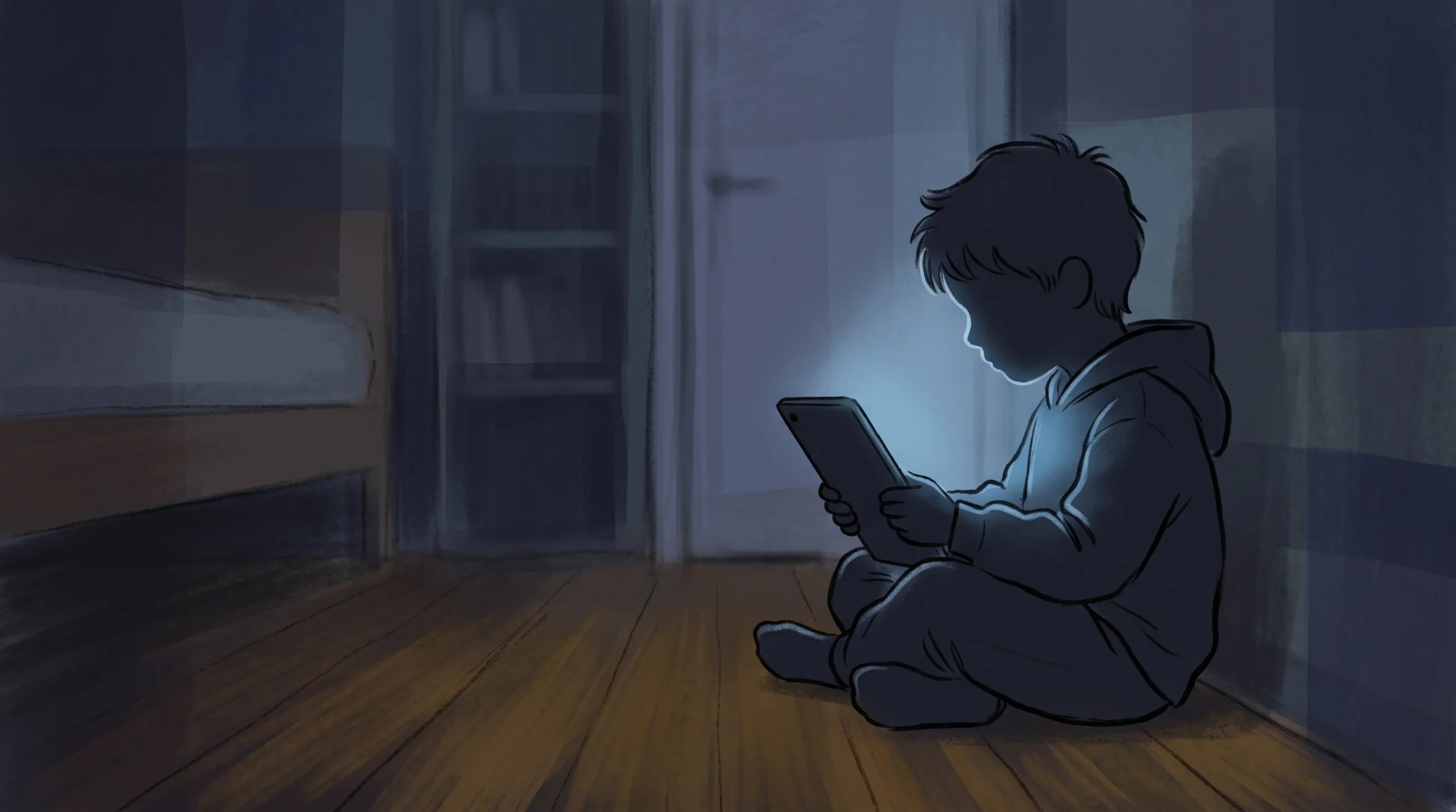 A silhouette of a child using a glowing digital tablet in a dark room.