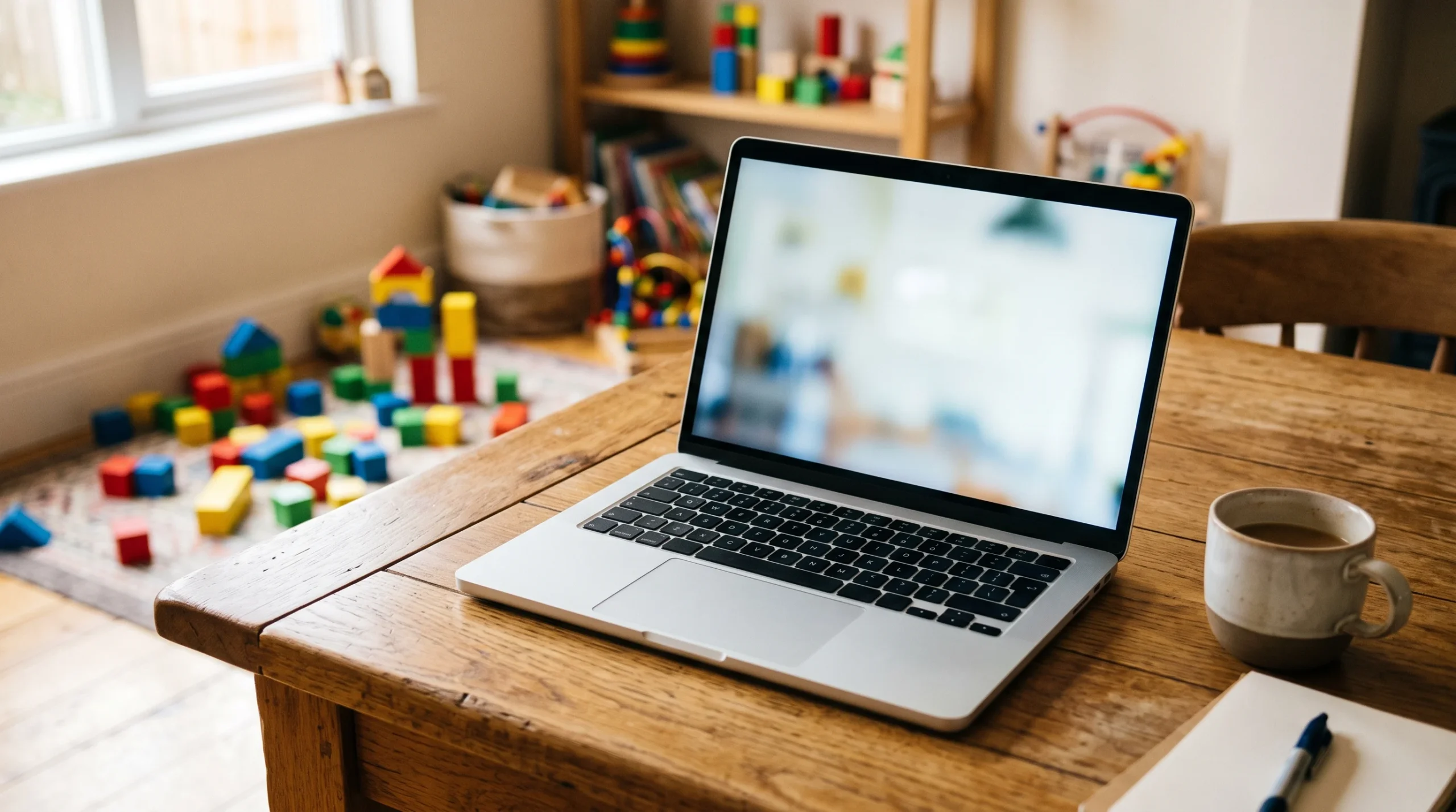 A laptop on a kitchen table near children's building blocks, representing family home administration.