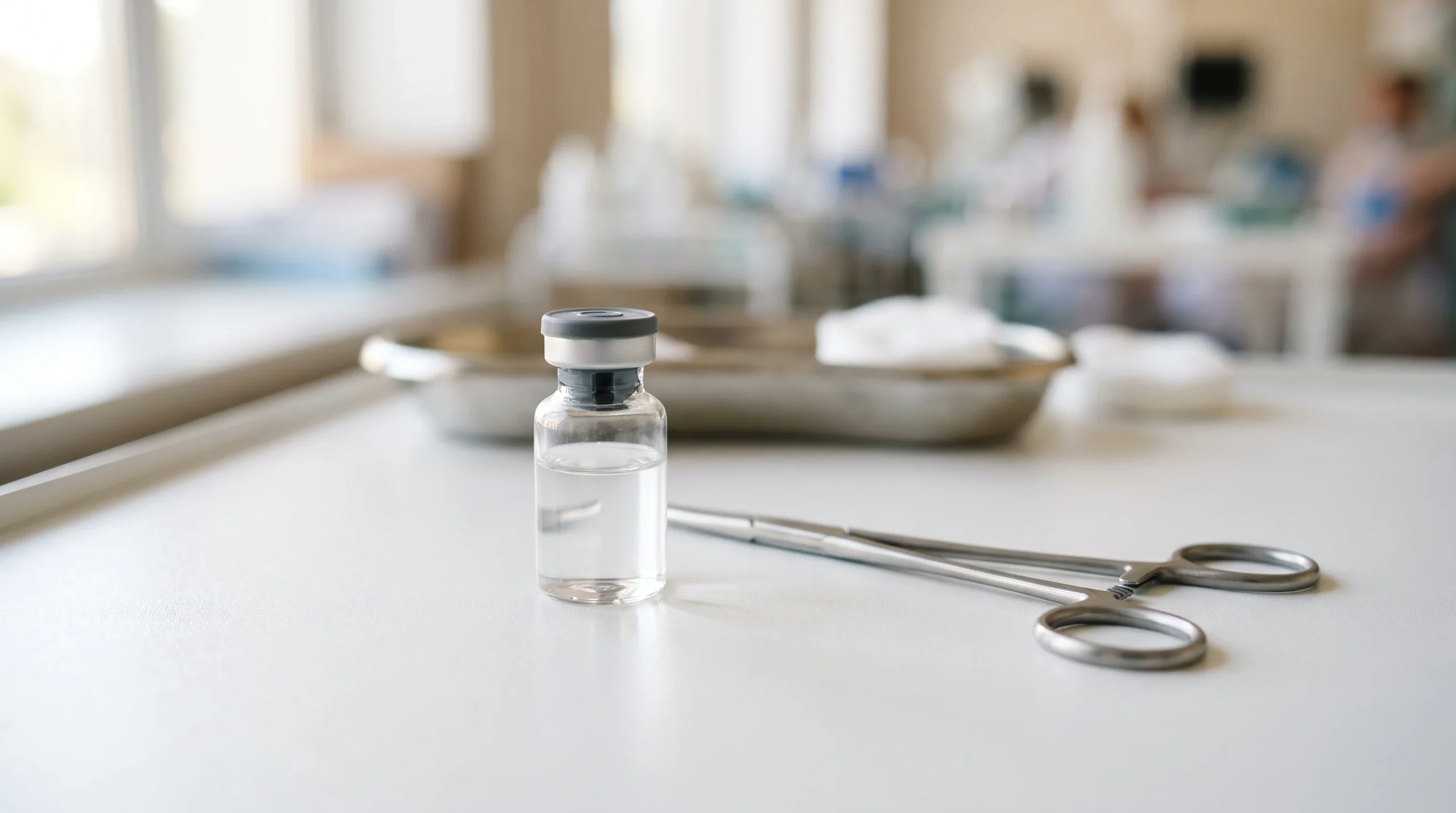 A conceptual image of a vaccine vial in a clinical setting.