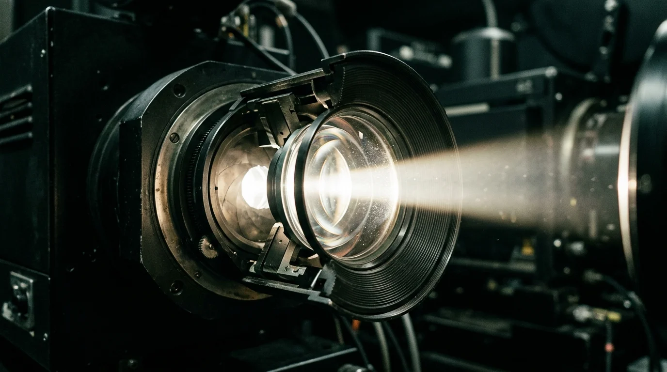 Close-up of a cinema projector lens with light beams emitting from it.