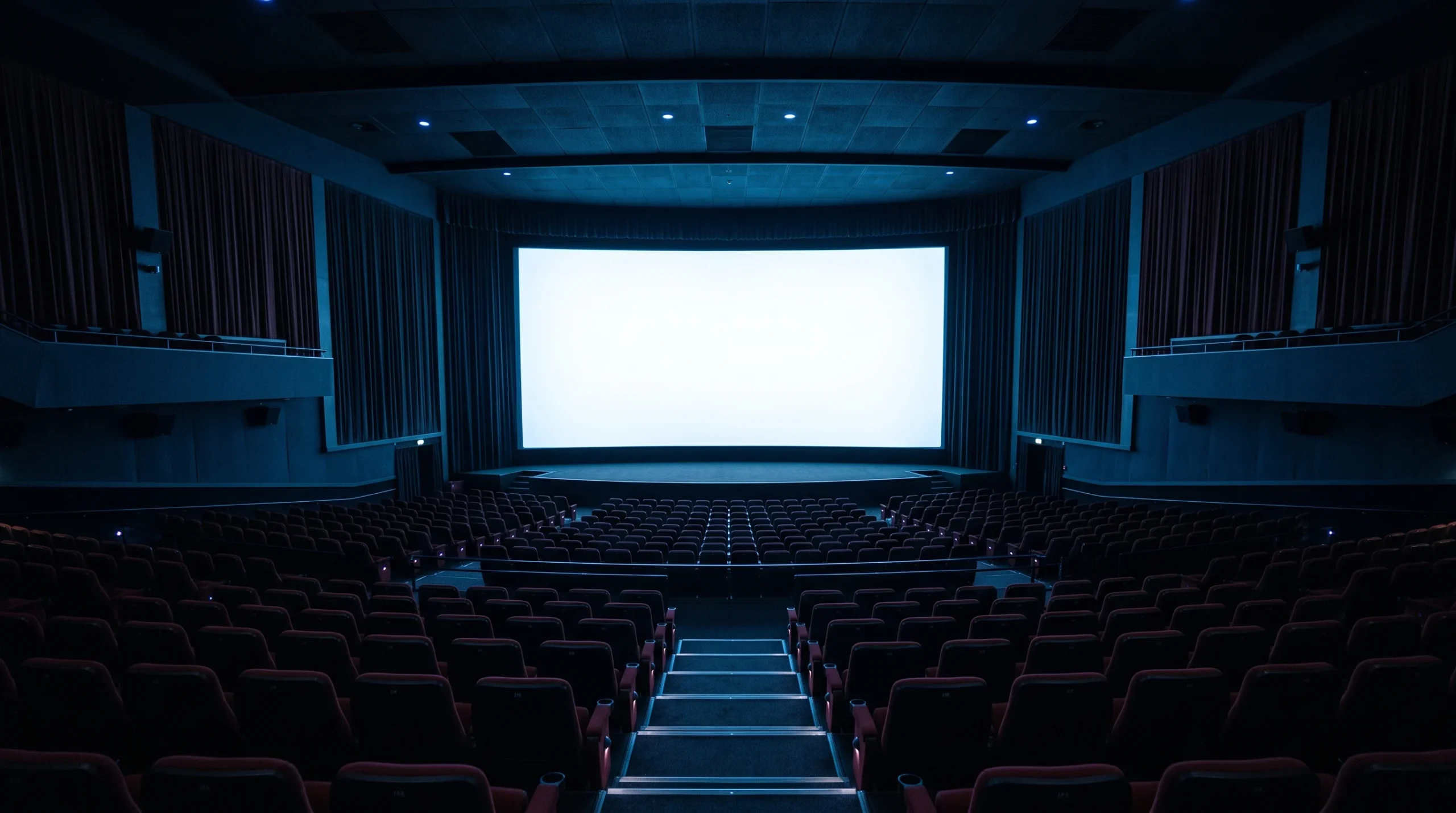 A wide shot of a darkened cinema hall with an empty screen illuminated by blue light.