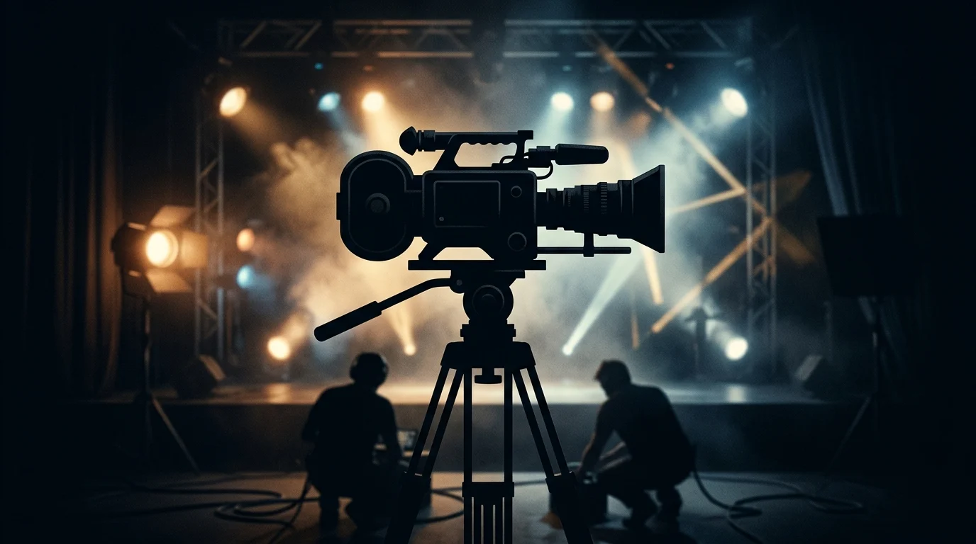 A silhouette of a film camera against bright studio lights.