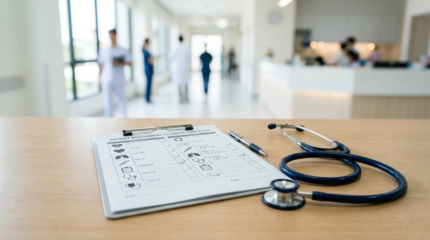A medical checklist on a clipboard with a stethoscope.