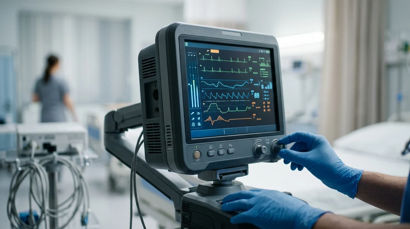 A close-up of a clinical medical monitor in a sterile environment.