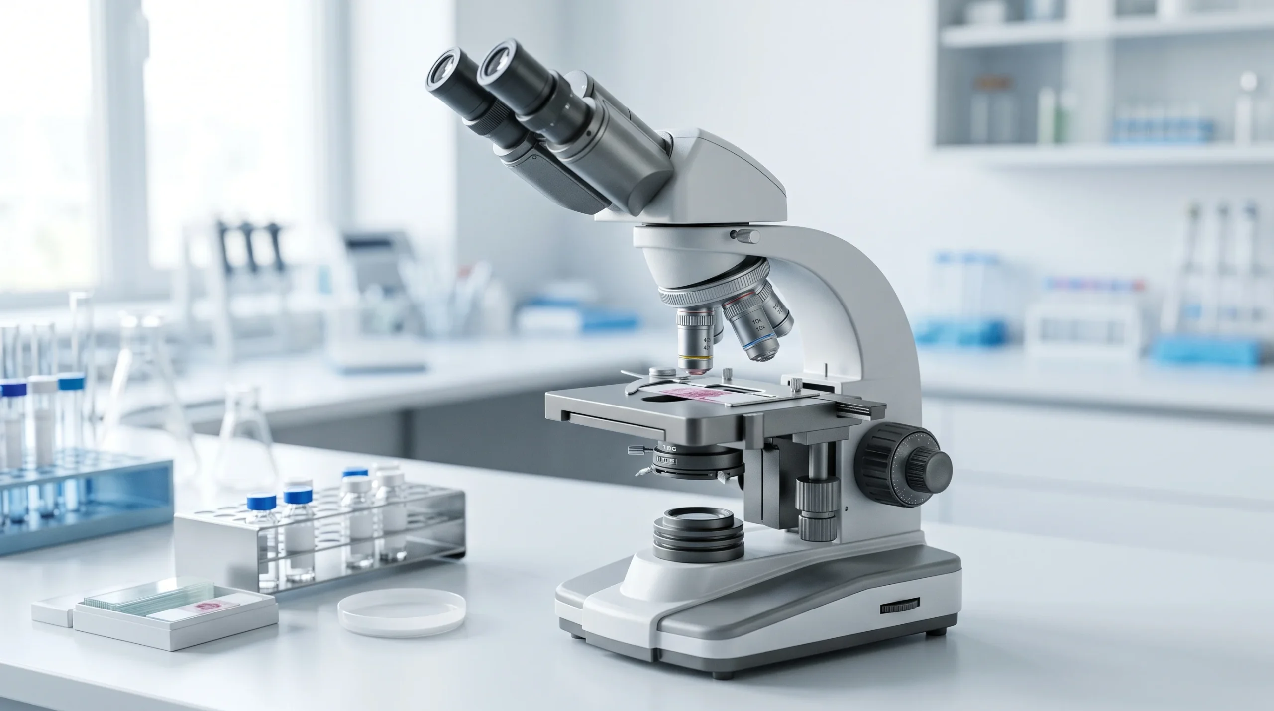 A close-up of a microscope in a clinical laboratory setting.