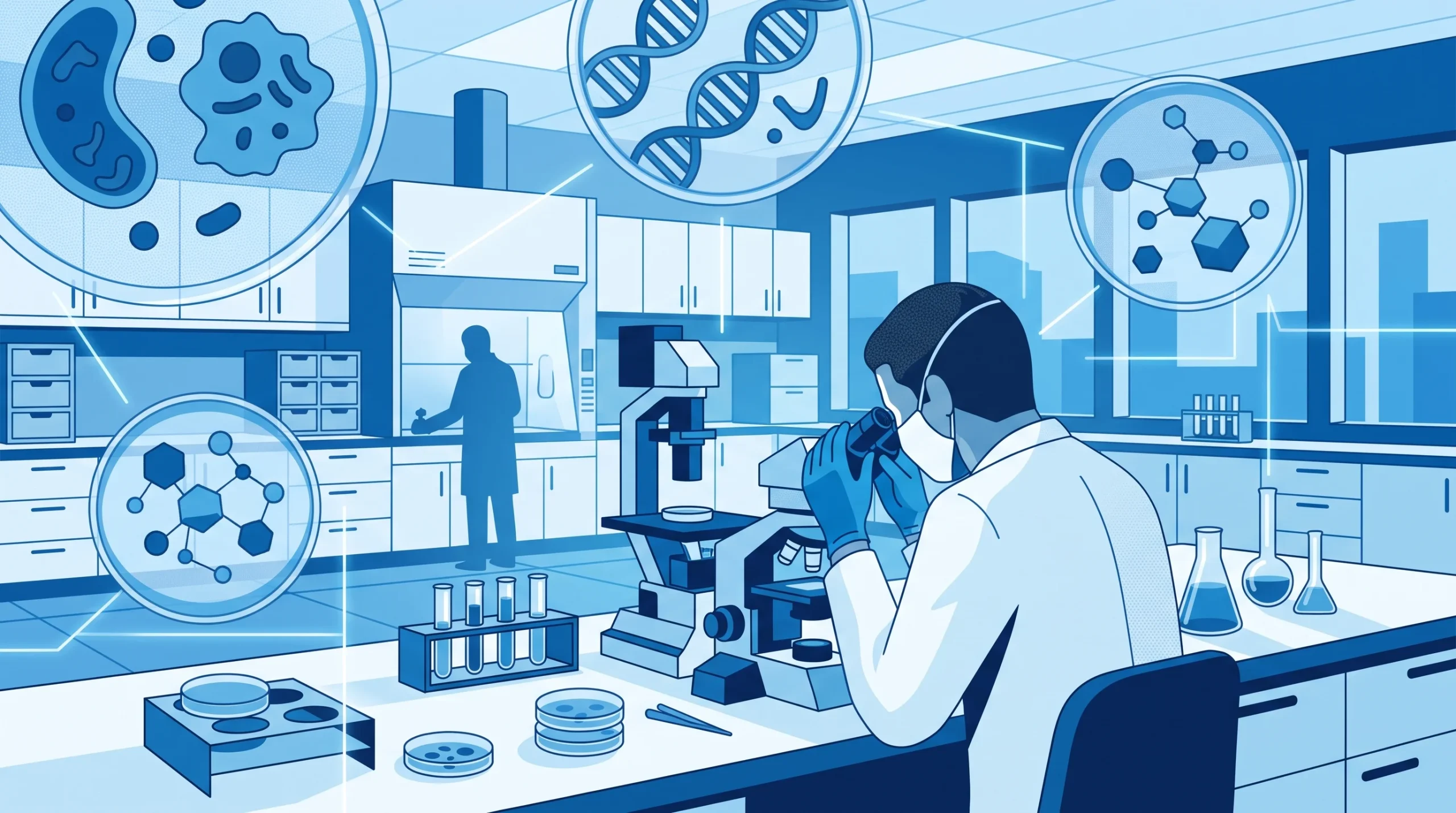 Conceptual illustration of clinical laboratory analysis with abstract medical motifs.