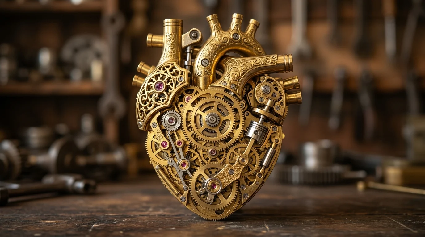 Intricate golden mechanical clockwork heart