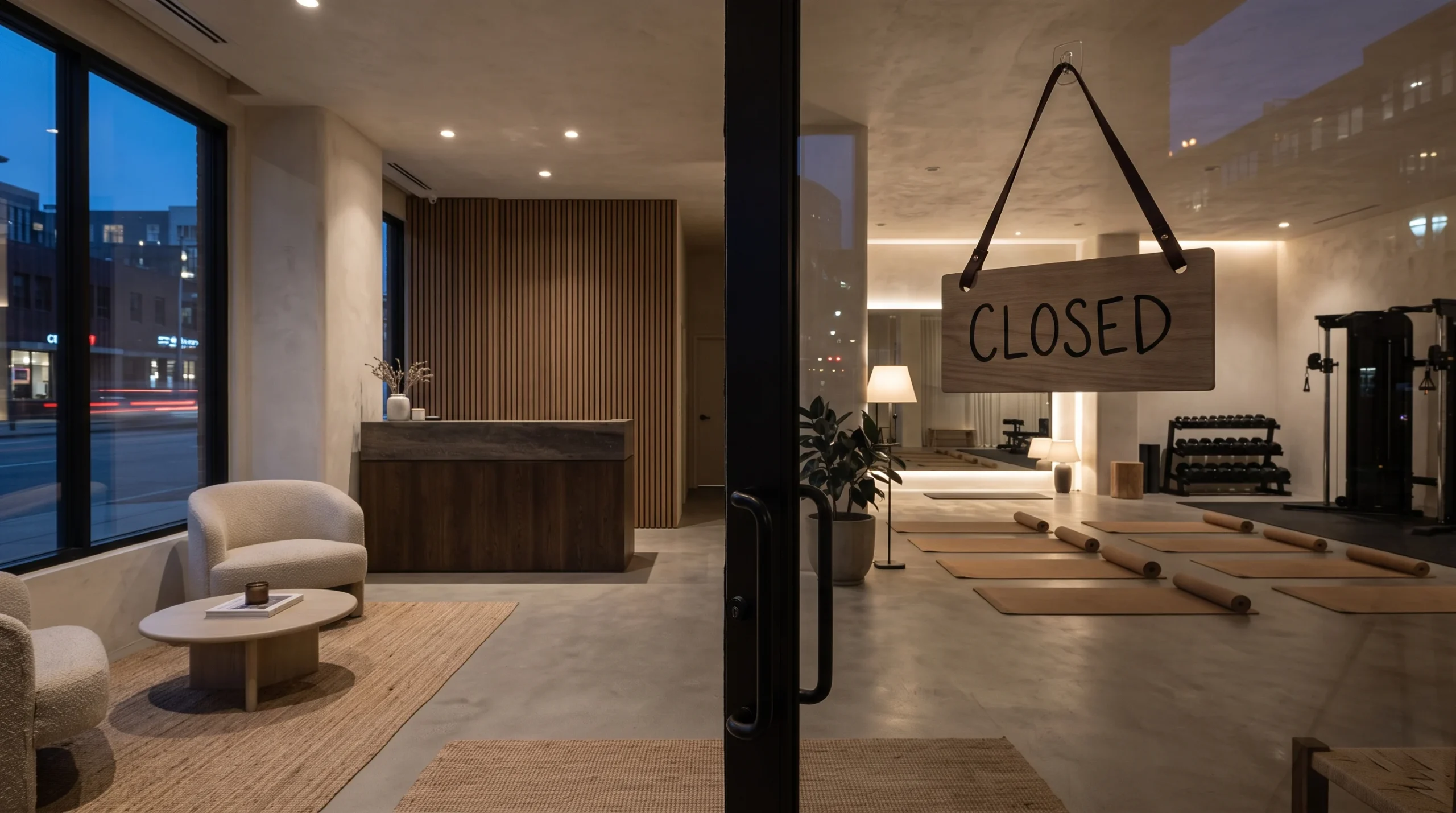 A darkened interior of a modern boutique fitness studio behind a glass door.