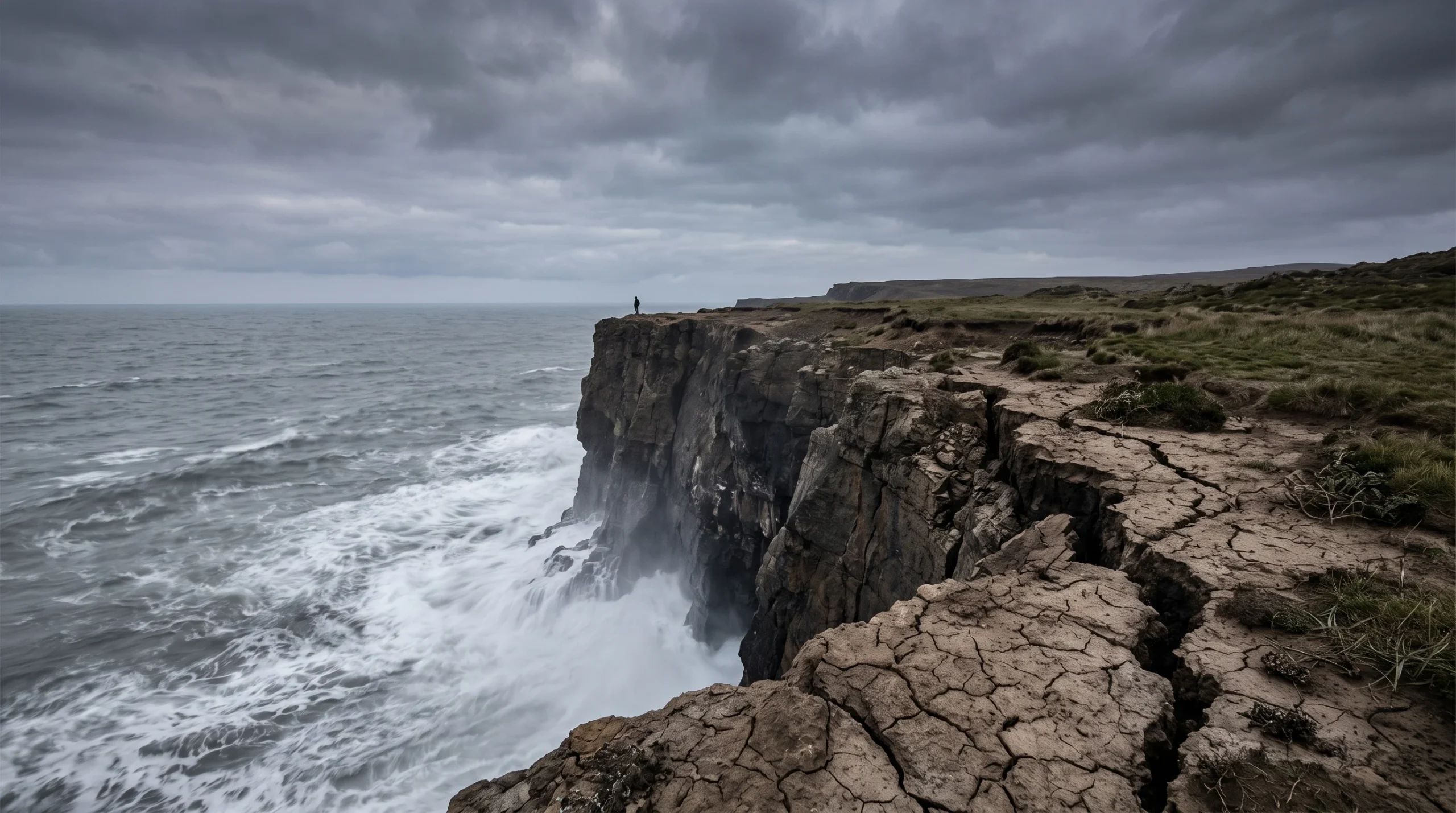 A conceptual illustration of a cracked coastal cliff edge during a storm.