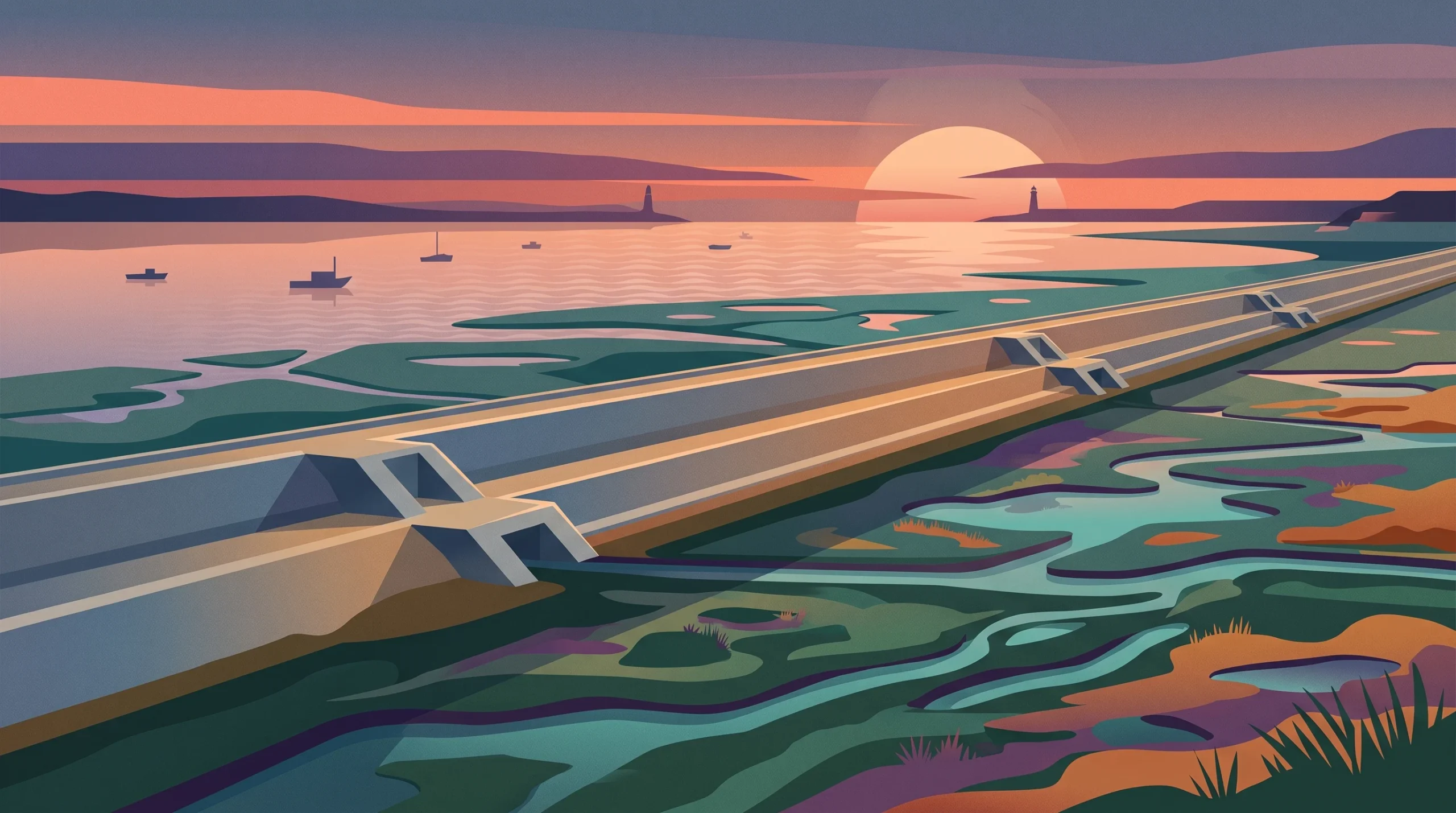 Conceptual illustration of a coastal flood defence embankment and restored wetland habitat.