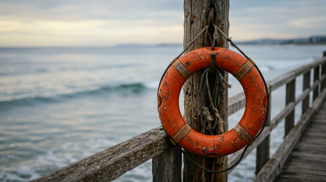 An orange life ring on a coastal pier.