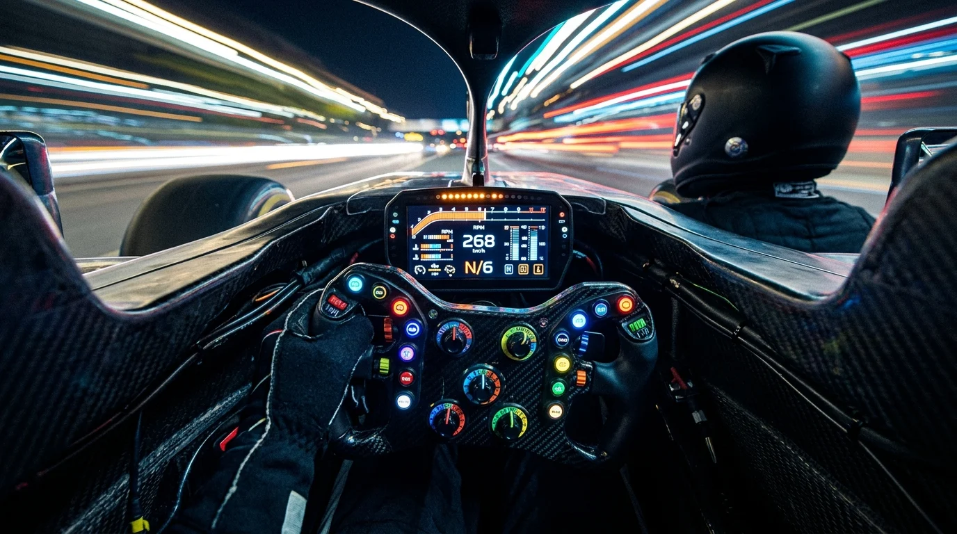 A conceptual close-up of a racing car interior and dashboard
