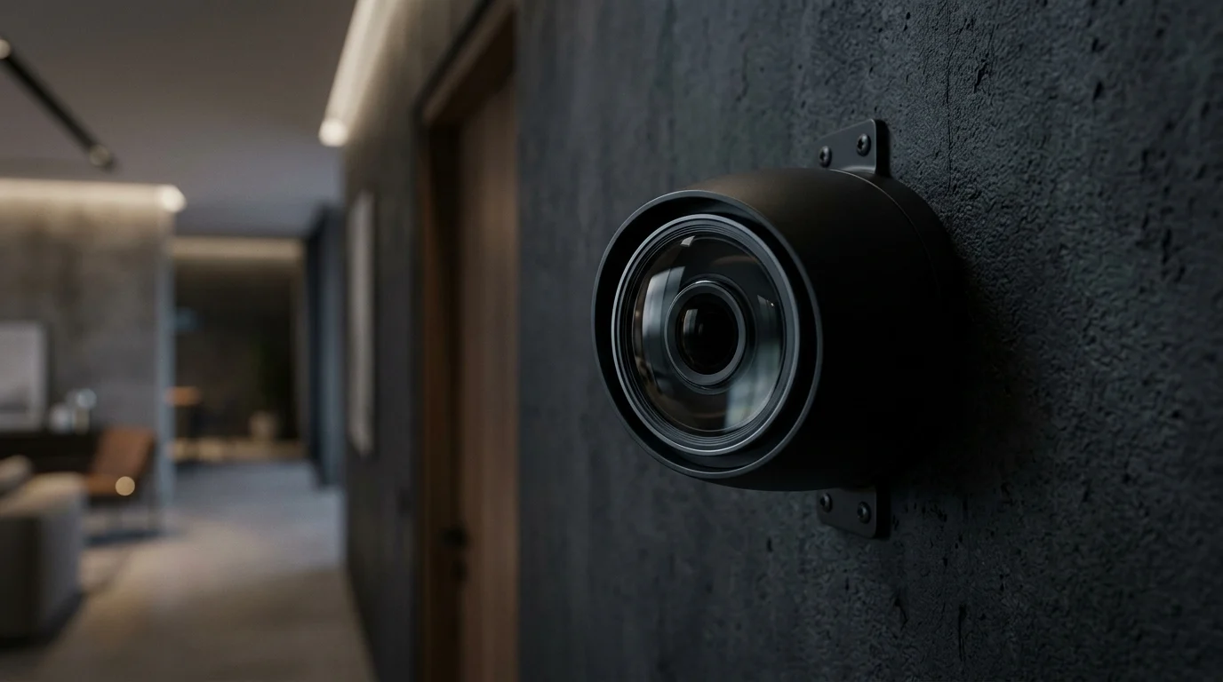 A conceptual view of a sleek security camera lens.