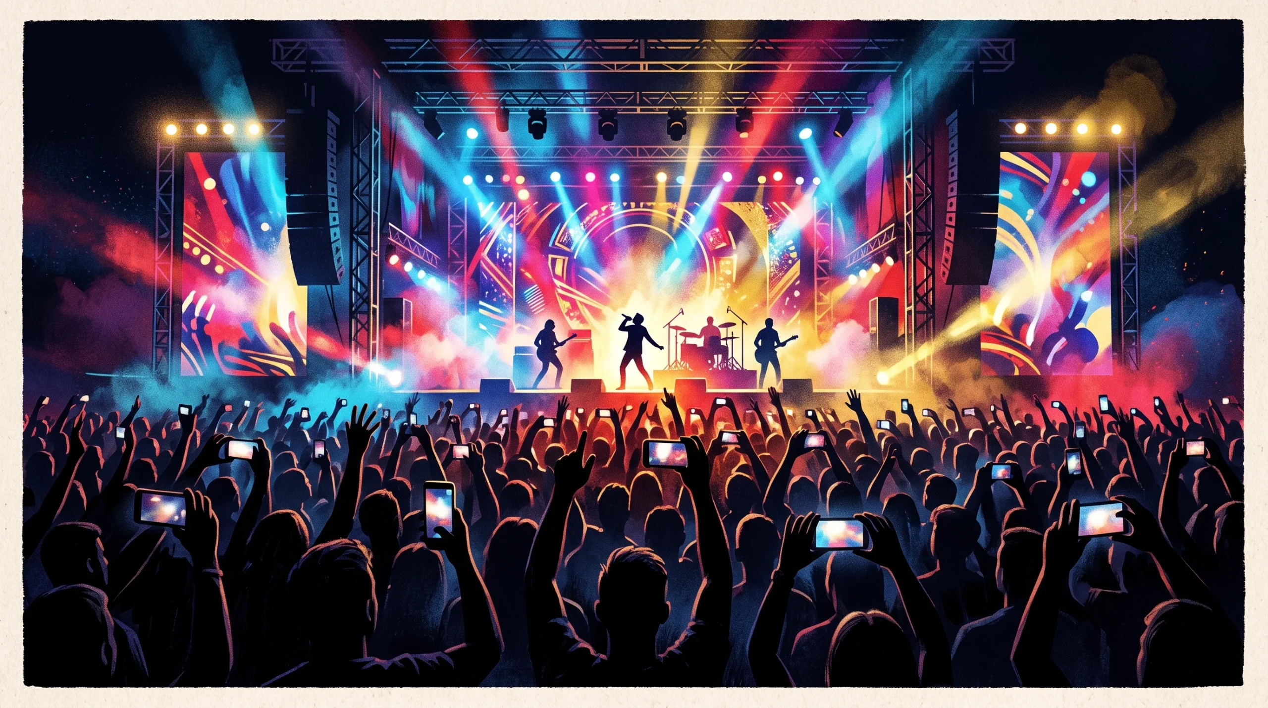 A conceptual illustration of a concert crowd with glowing smartphones.