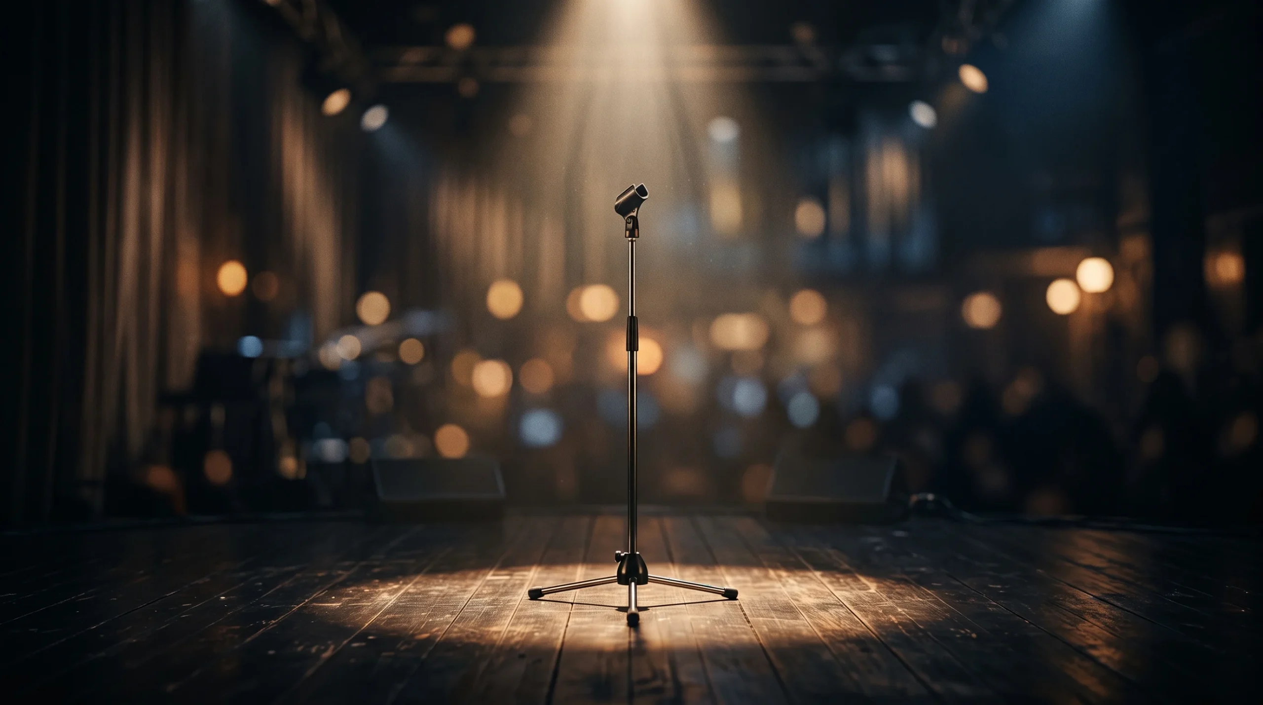 A conceptual illustration of a microphone stand on a stage under a spotlight.