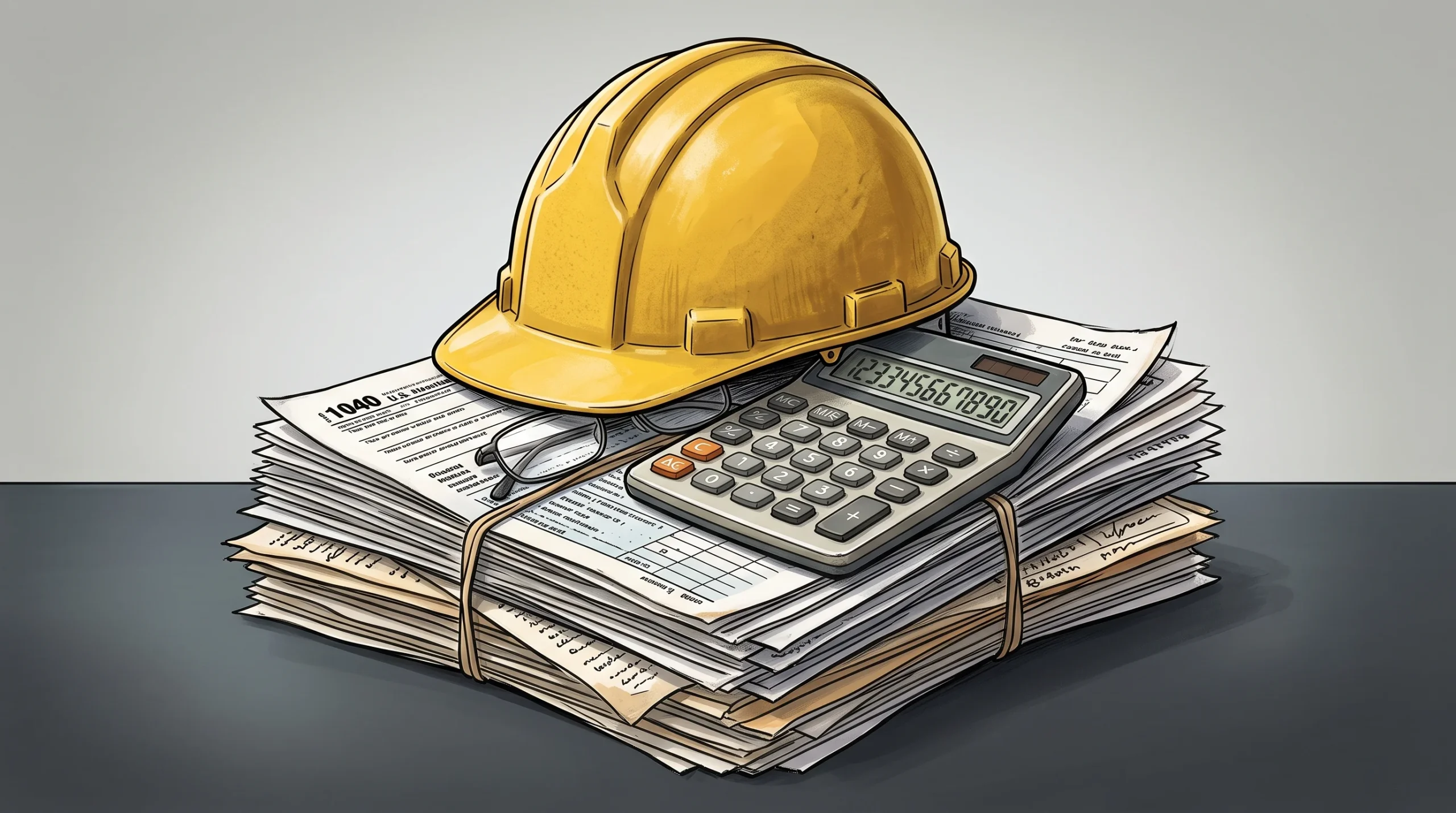 A construction hard hat on top of tax documents and a calculator.