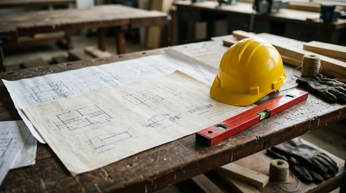 Construction blueprints and a hard hat on a wooden workbench.