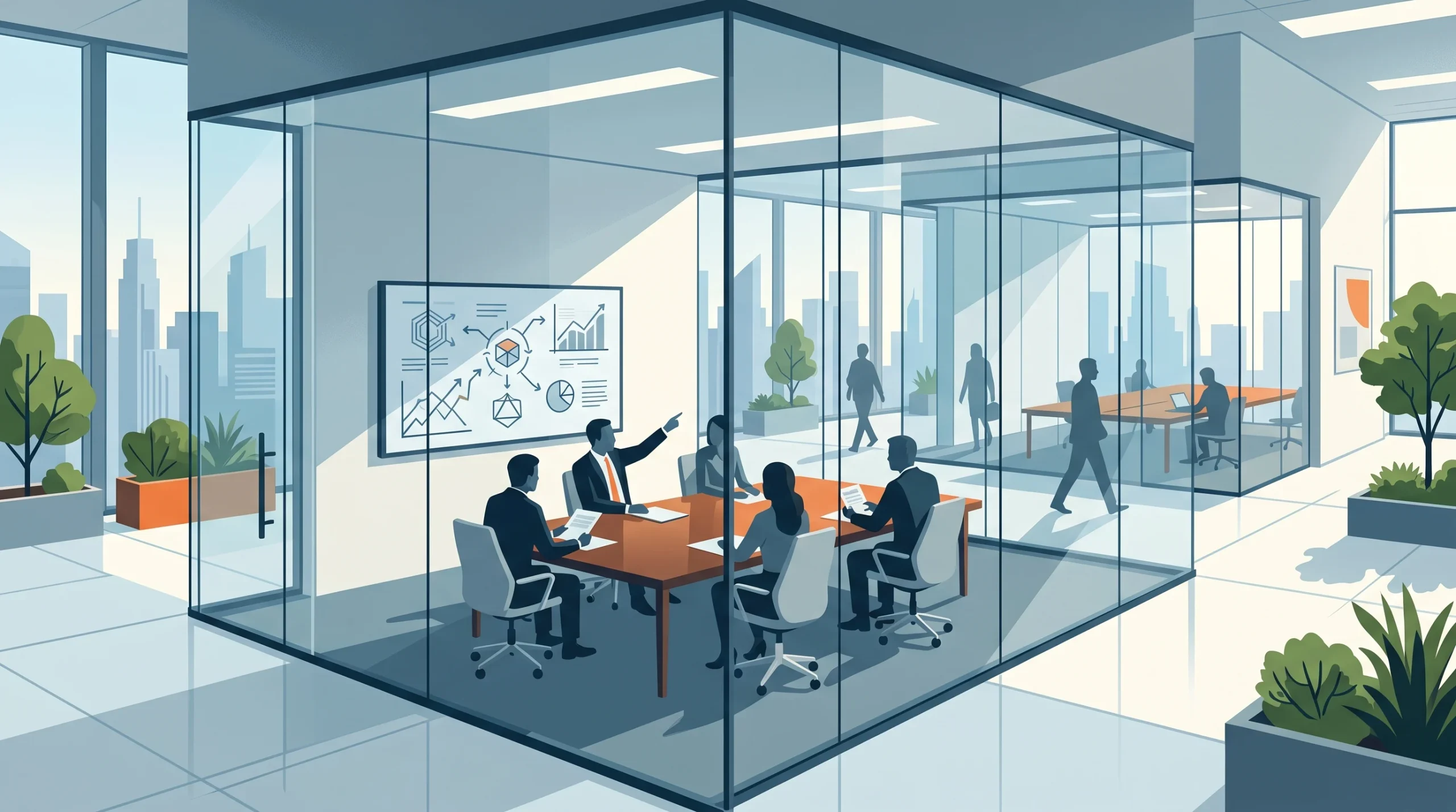 A conceptual illustration of a modern corporate office interior.