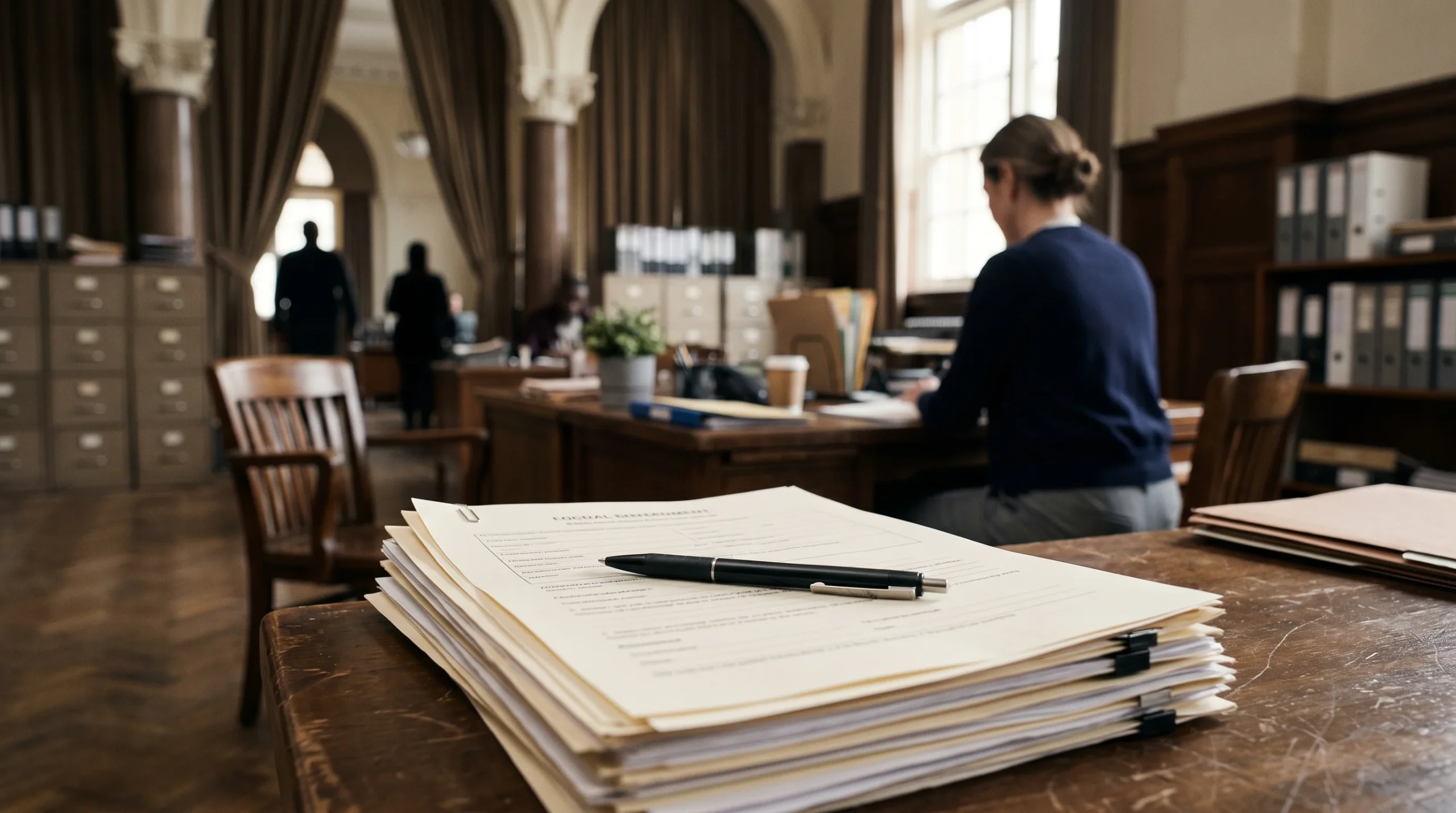 A conceptual illustration of employment documents on a desk with a pen.