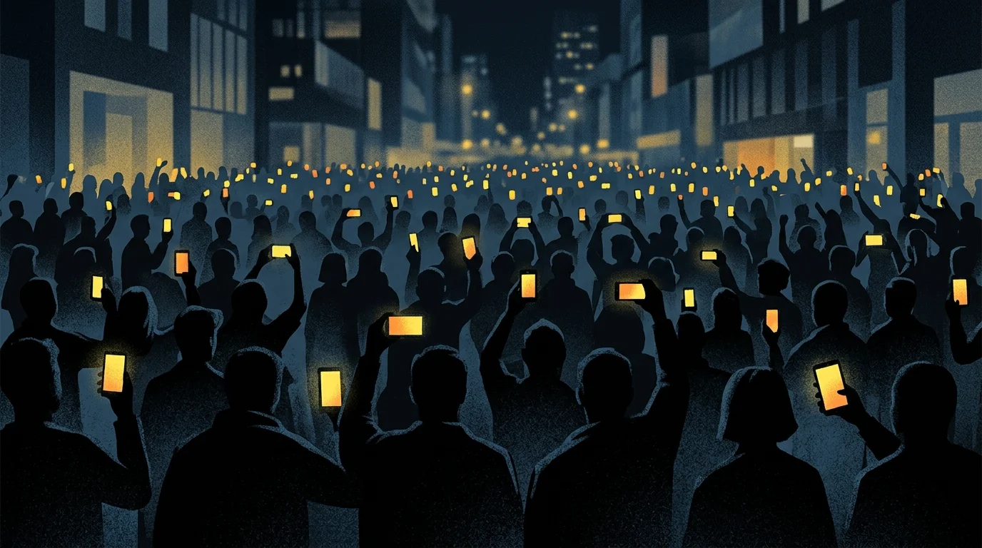 Silhouettes of a crowd at night with glowing phone screens.