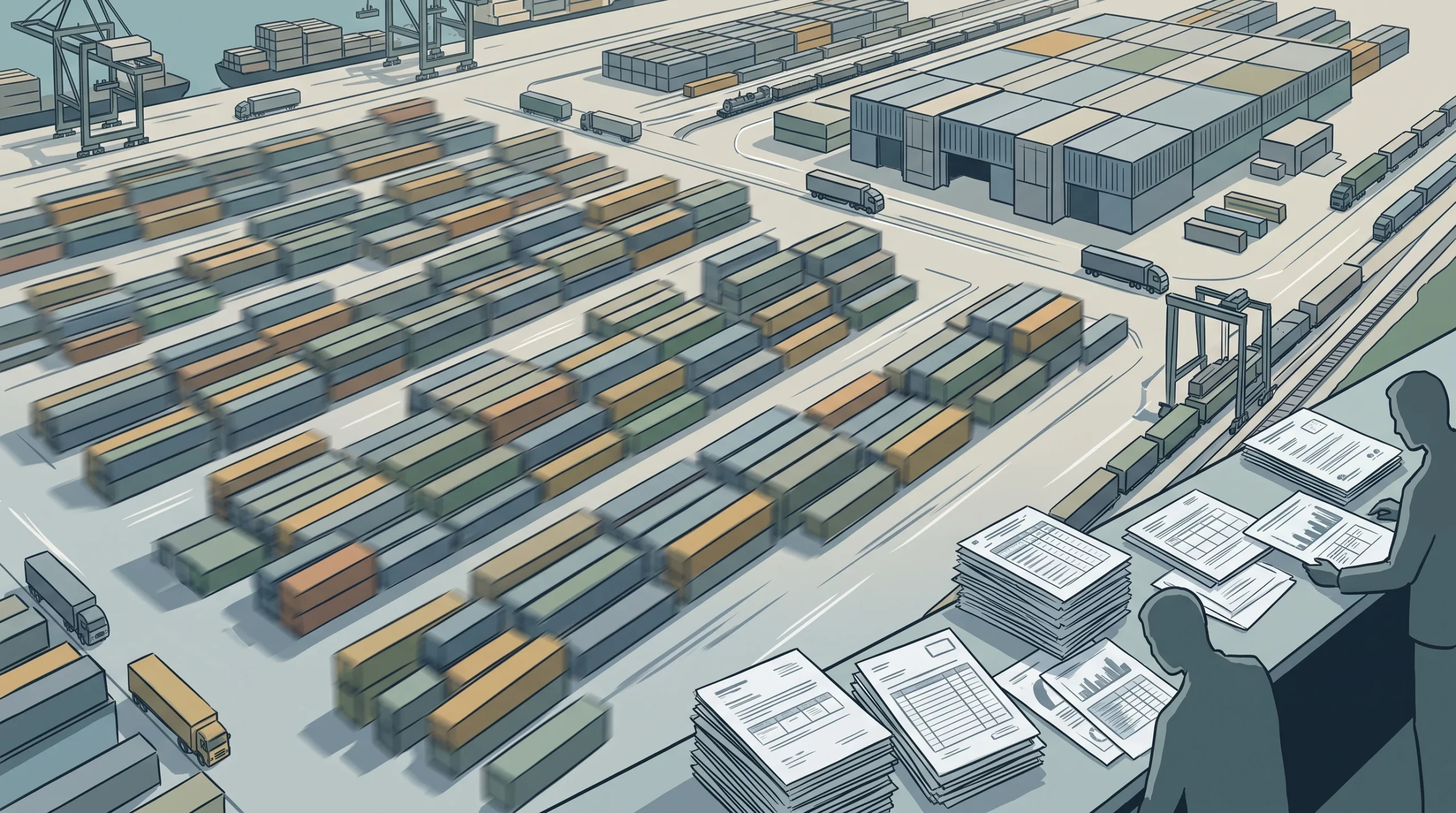 Conceptual image of shipping containers and documentation representing international trade.