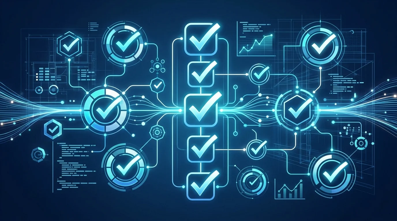 Conceptual graphic of data validation and compliance checkmarks.