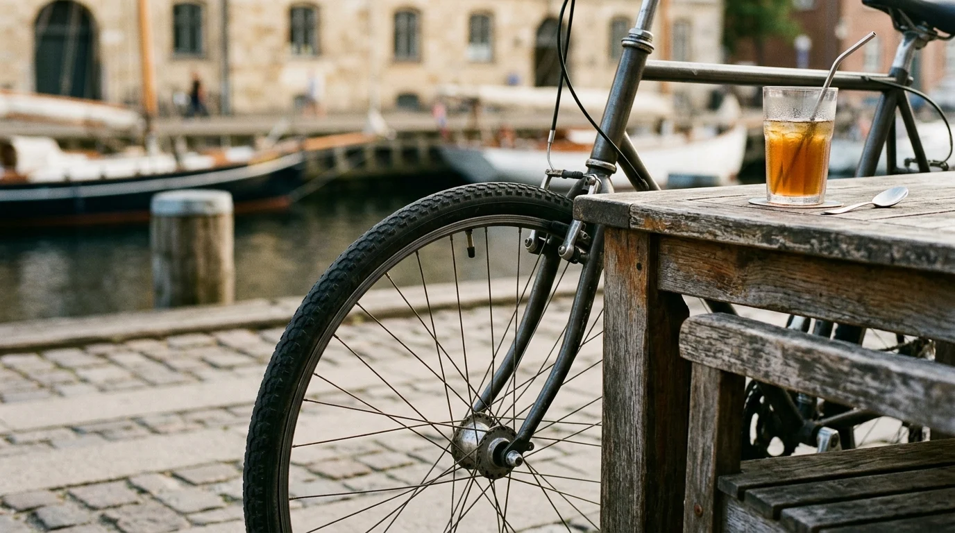 A bicycle wheel next to a wooden table at a quayside cafe.