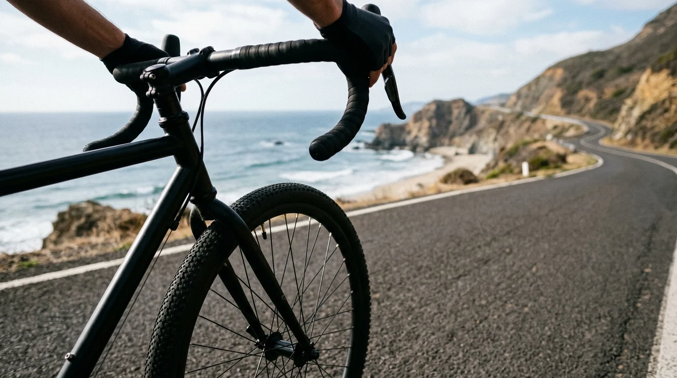 A close-up conceptual view of a bicycle on a road.