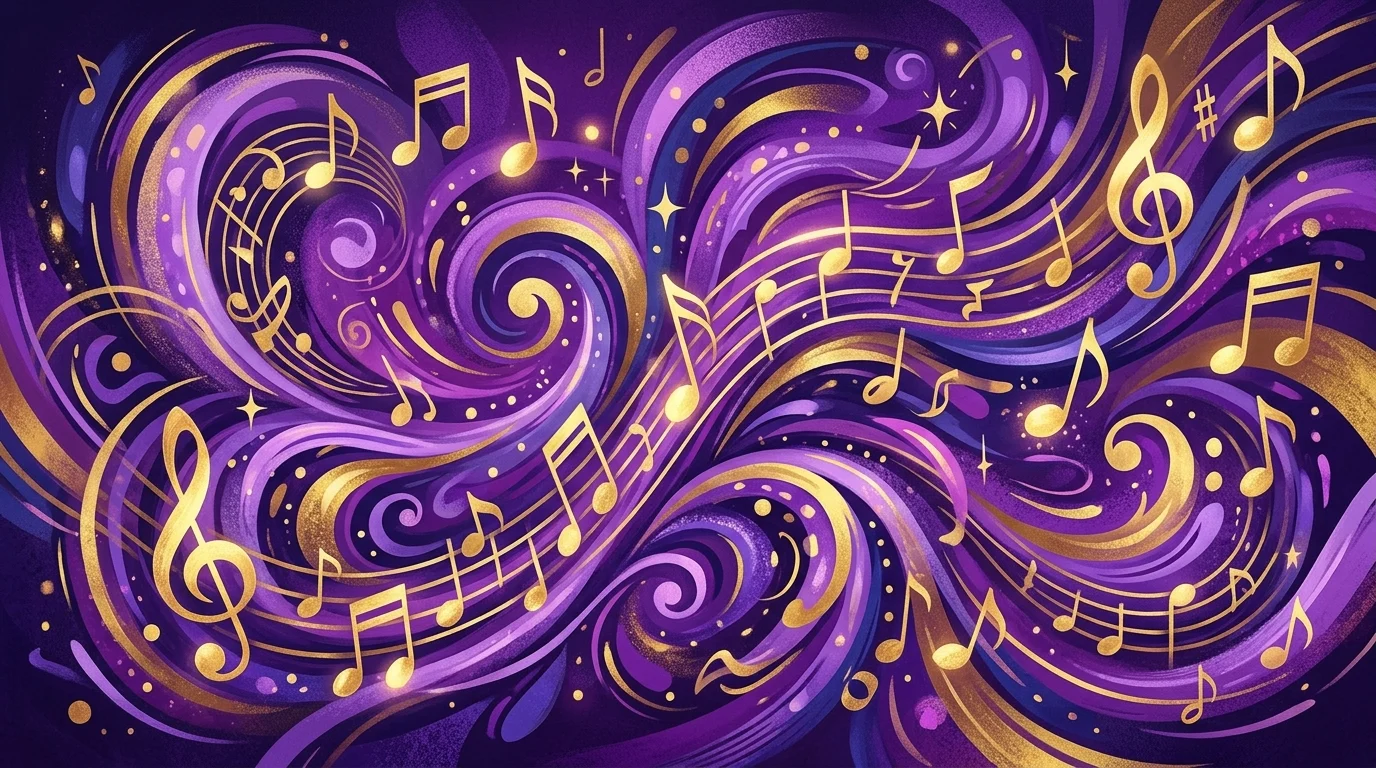 Abstract musical and dance-themed patterns in gold and purple.