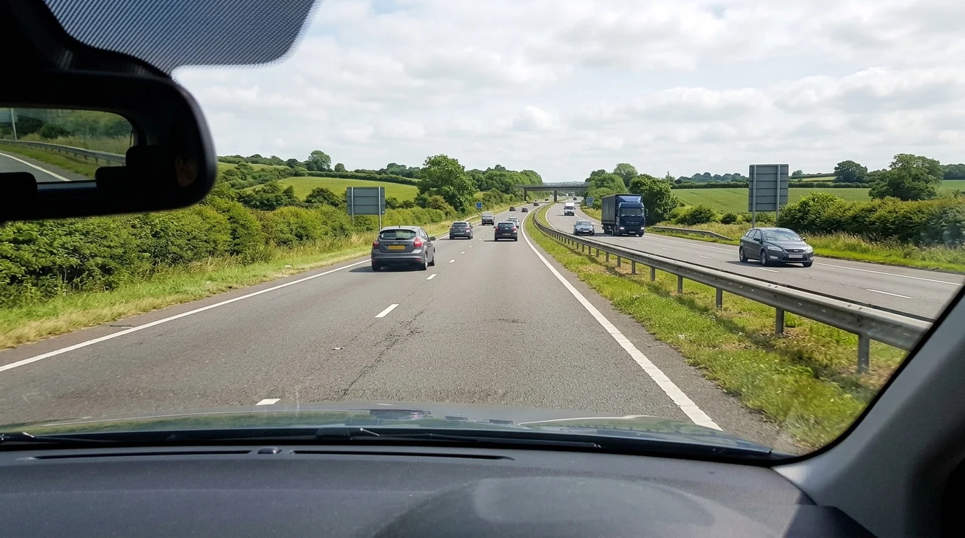 A conceptual view of a road from a dashboard camera perspective.