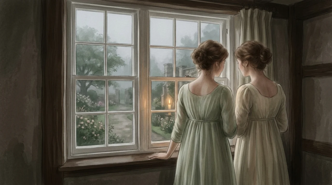 Silhouettes of two women in period clothing looking through a window.