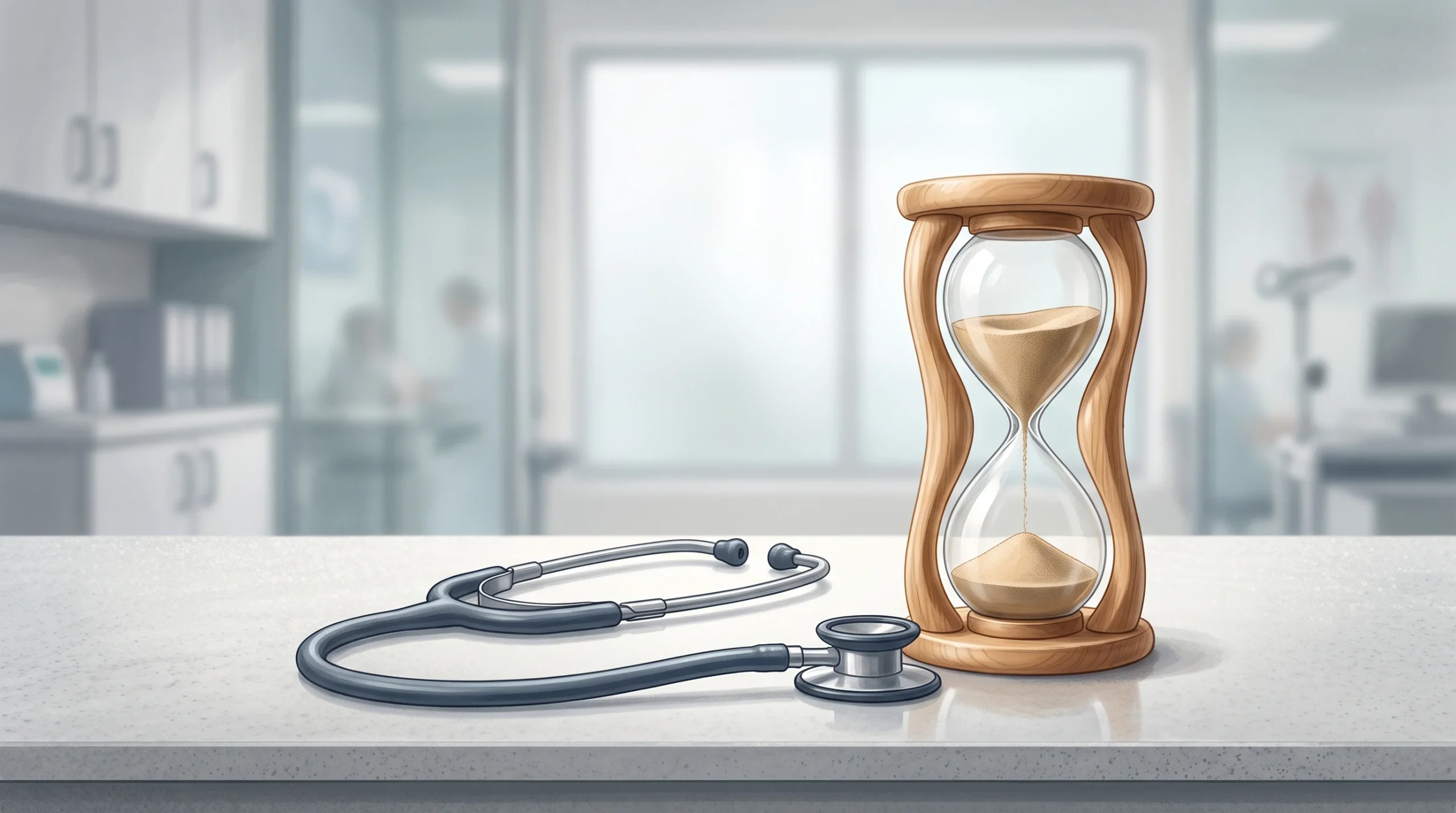 A conceptual image of a stethoscope and an hourglass representing medical waiting times.