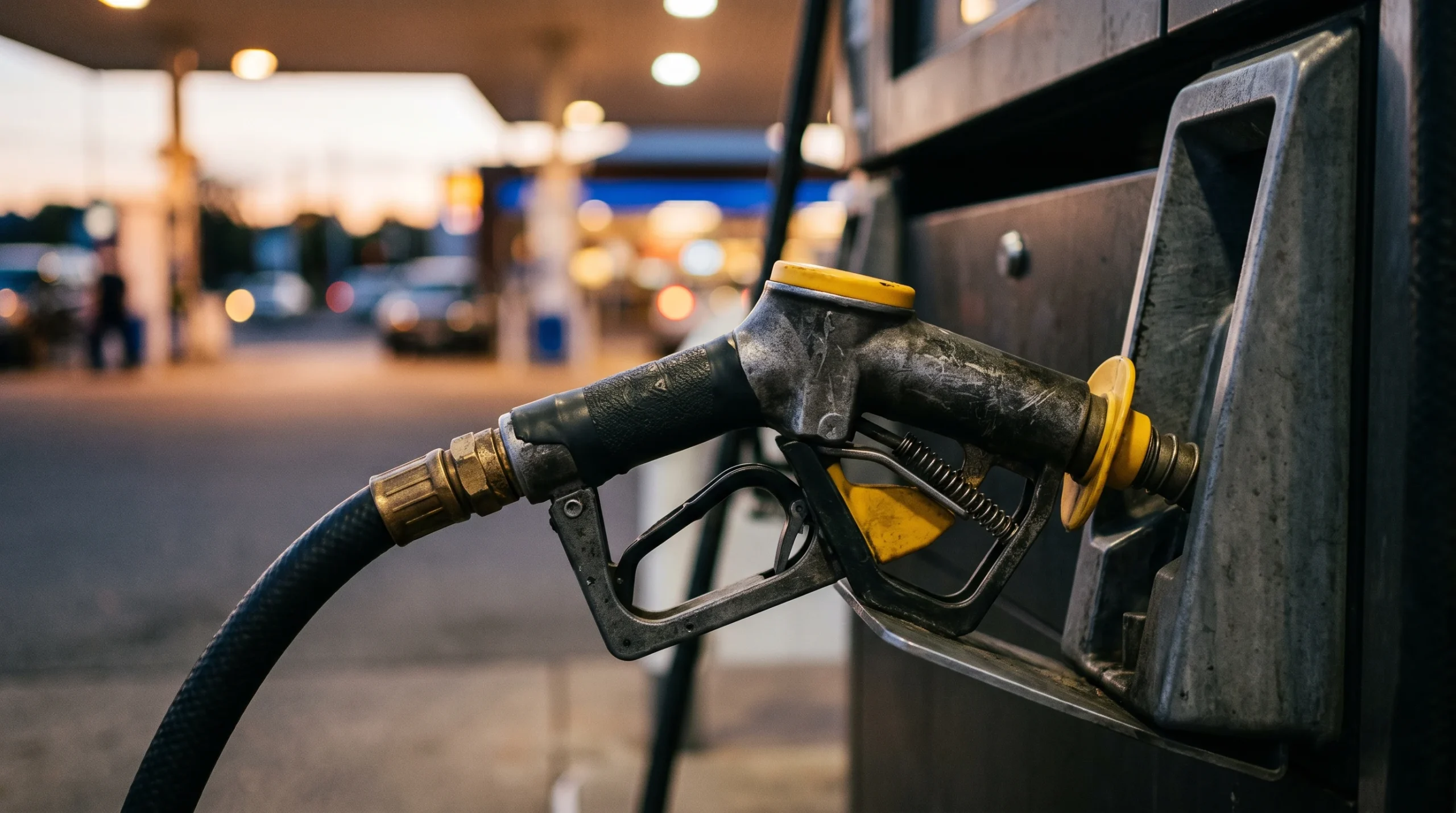 A close-up of a fuel pump nozzle at a petrol station.