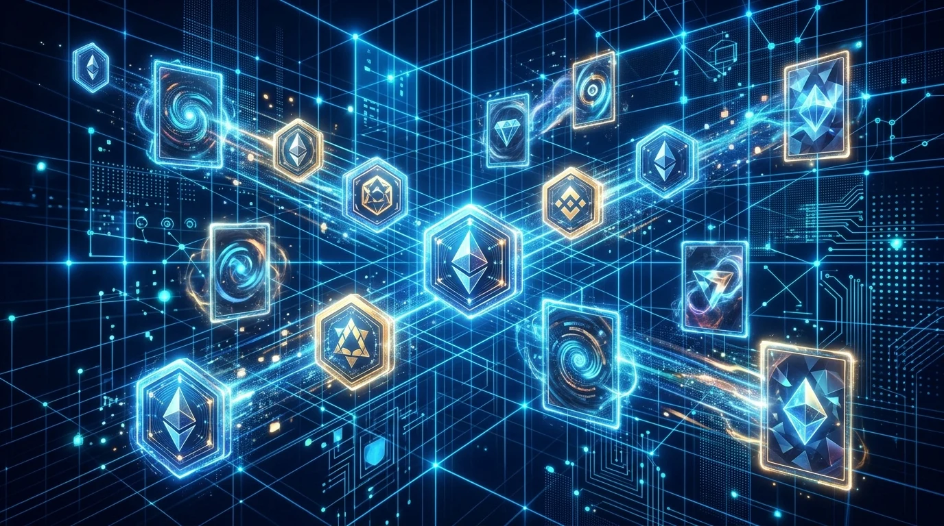 Abstract representation of digital trading cards and blockchain technology.