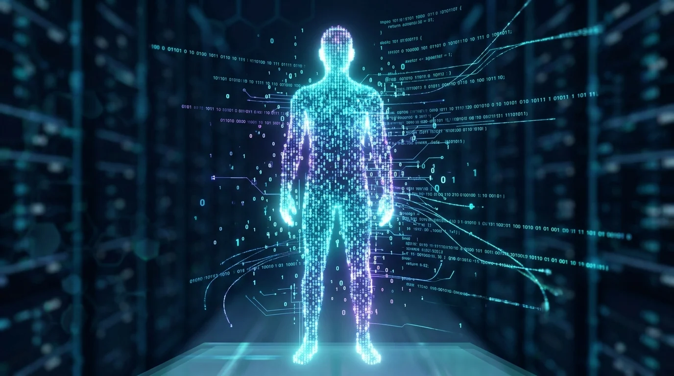 A digital human silhouette formed from glowing blue code and data particles.