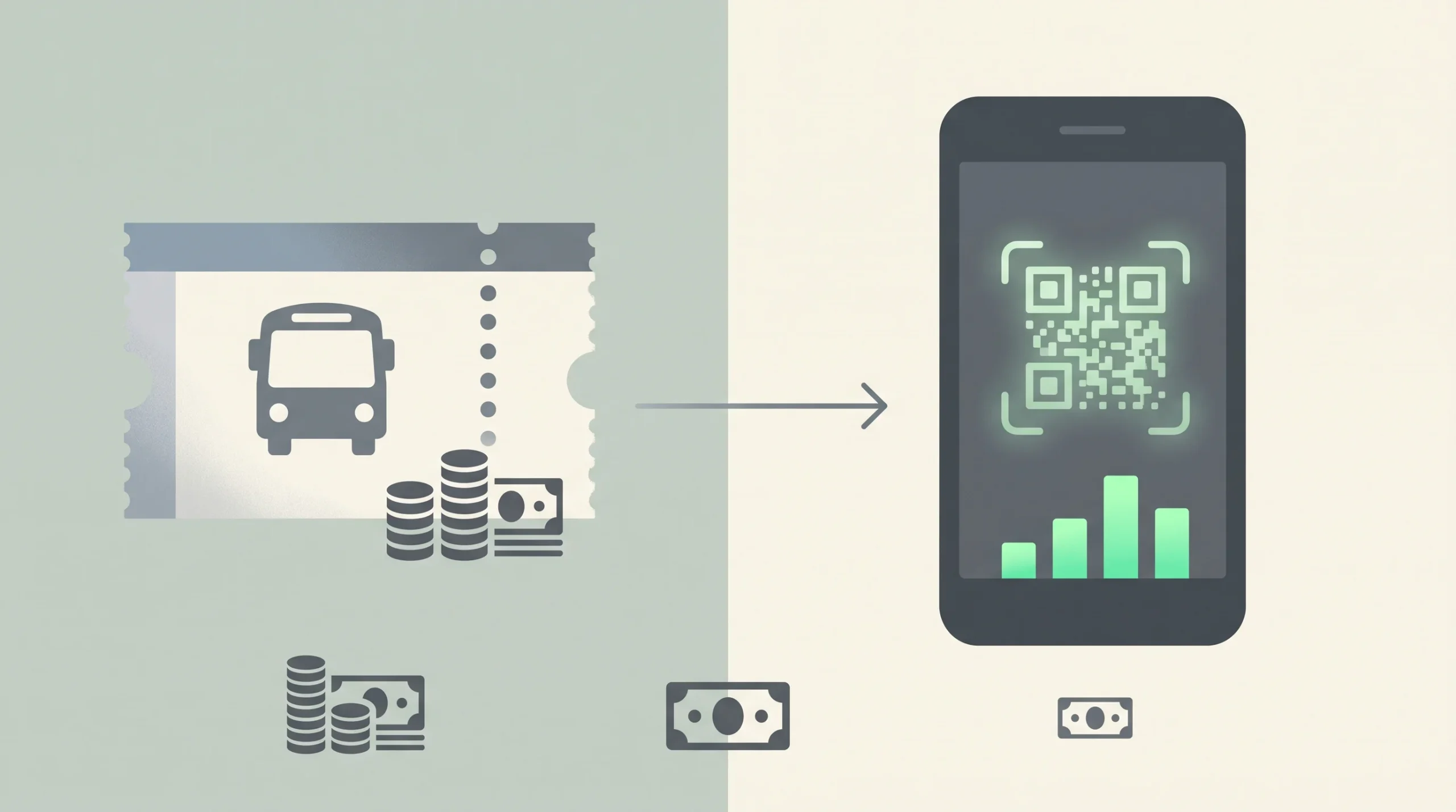Conceptual illustration of a smartphone and a bus ticket showing a price difference.