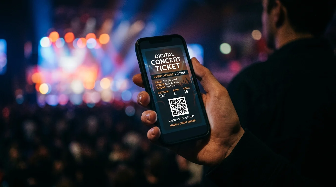 A conceptual image of a digital concert ticket on a smartphone.