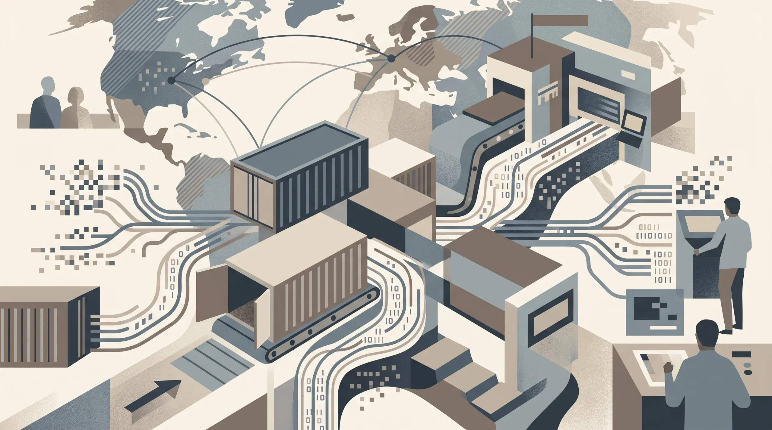 Conceptual illustration of digital trade data and cargo containers.