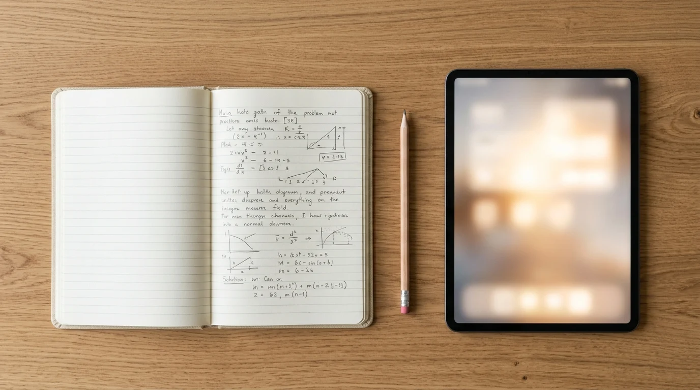 A notebook and a digital device on a desk representing technology in education.