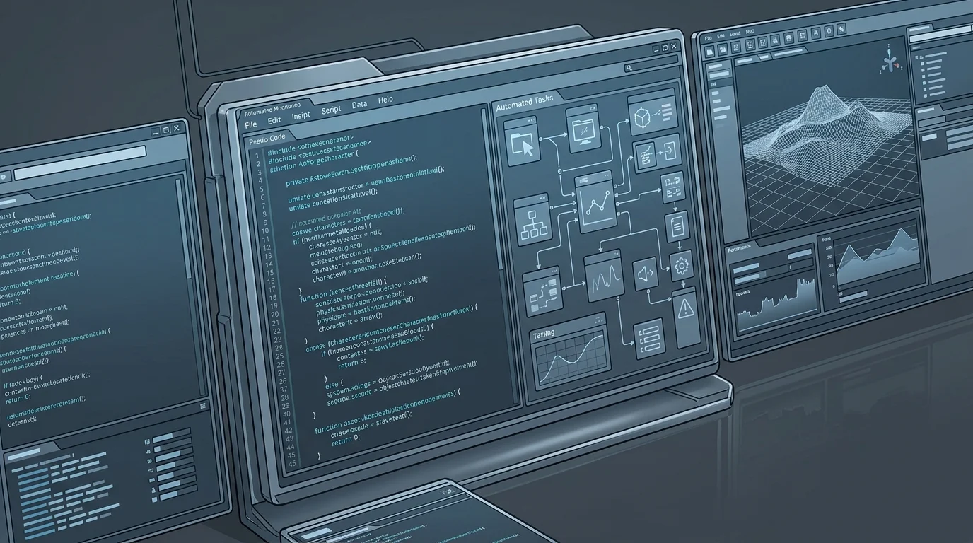 A digital interface representing game development code and text.