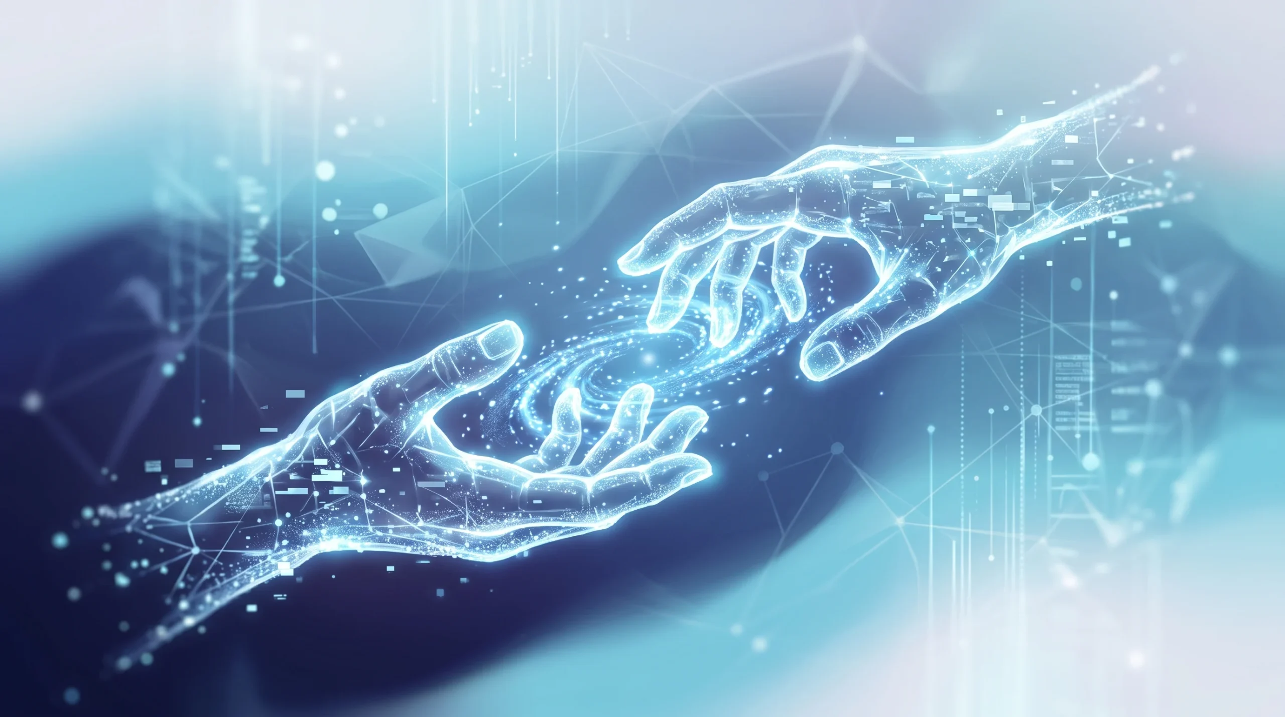 An abstract illustration of two glowing digital hands passing an invisible item.